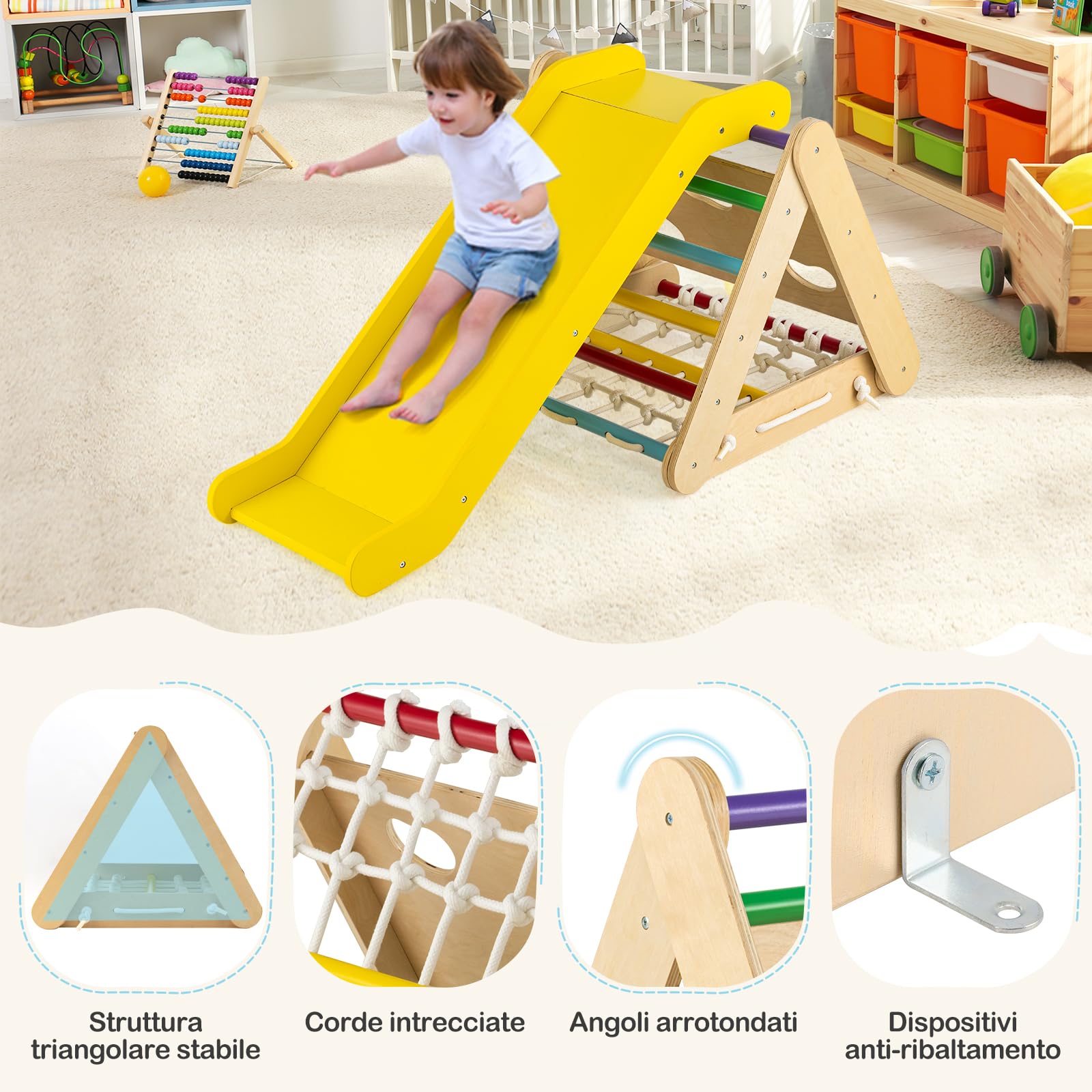 COSTWAY 4 in1 Set Arrampicata per Bambini, Triangolo Arrampicata Bambini con Scivolo, Giocattoli da Arrampicata in Legno con Rete, Carico 50kg, 1 Anni+ (Colorato)