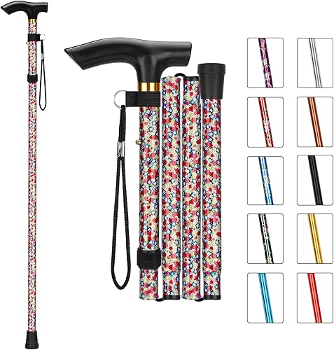 Miniatura 14 de MFE Bastón plegable, portátil de 5 niveles de altura ajustable con diseño plegable, correa de muñeca y mango en T para hombres y mujeres Negro