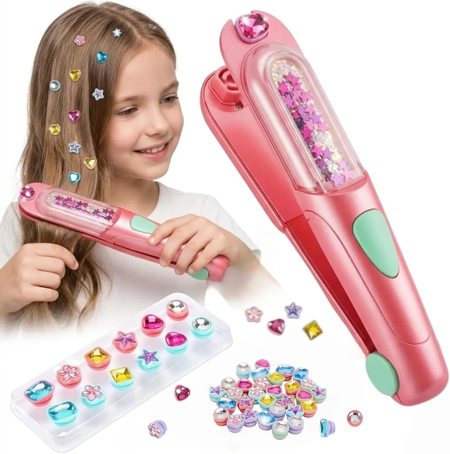 Hair Gem Stamper Kit, Hair Jewelry Styling Tool with Reusable Shining Diamonds, Hair Accessories for Party Play and Dress Up Fun, Great for Girls Ages 6-12 Years Old
