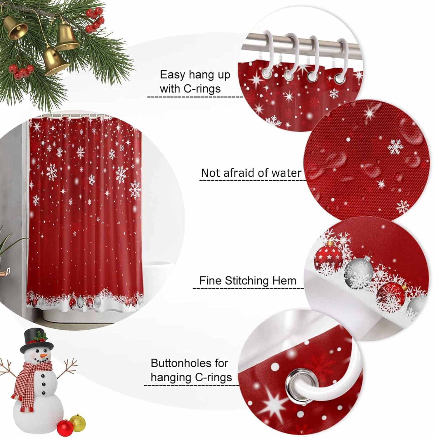 Red Christmas Shower Curtain, Snowflake Winter Stall Bathroom Curtains for Bathtub, Xmas Ball Waterproof Fabric Shower Curtain Set with 12 Hooks, Long 72" x 84"