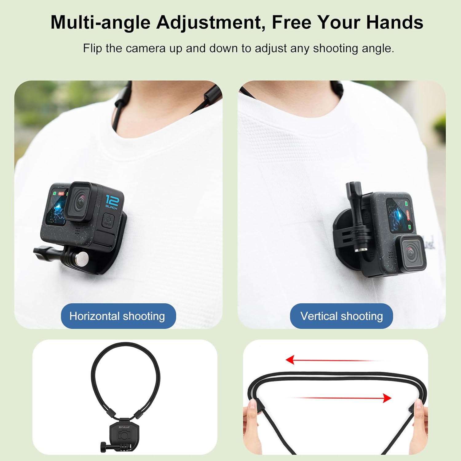 PULUZ Magnetic Chest Mount for Action Camera with Neck Strap and Safety Lanyard, POV Invisible Selfie Necklace Mounting Accessories for GoPro Hero13/12/11/10/9/8 Insta360 DJI and More Action Cameras