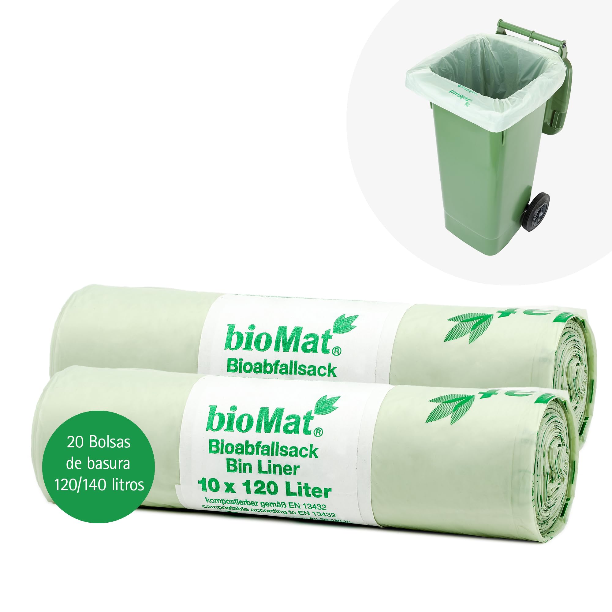 bioMat Bolsas de Basura 120l Compostables, 20 Bolsas para Cubo de Basura Orgánica, Neutralidad Climática, Fabricado en Alemania