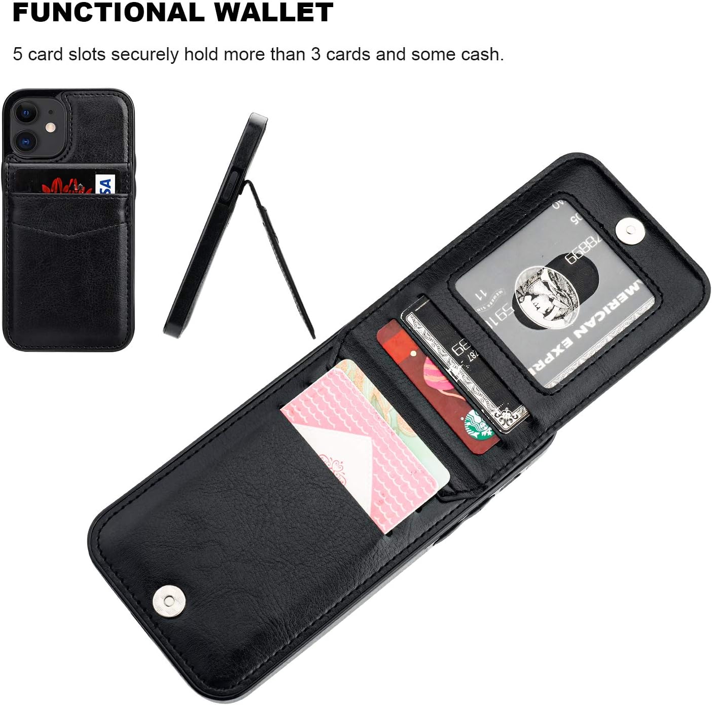 KIHUWEY Compatible with iPhone 12 Mini Case Wallet with Credit Card Holder, Premium Leather Magnetic Clasp Kickstand Heavy Duty Protective Cover for iPhone 12 Mini 5.4 Inch(Black) - Image 4