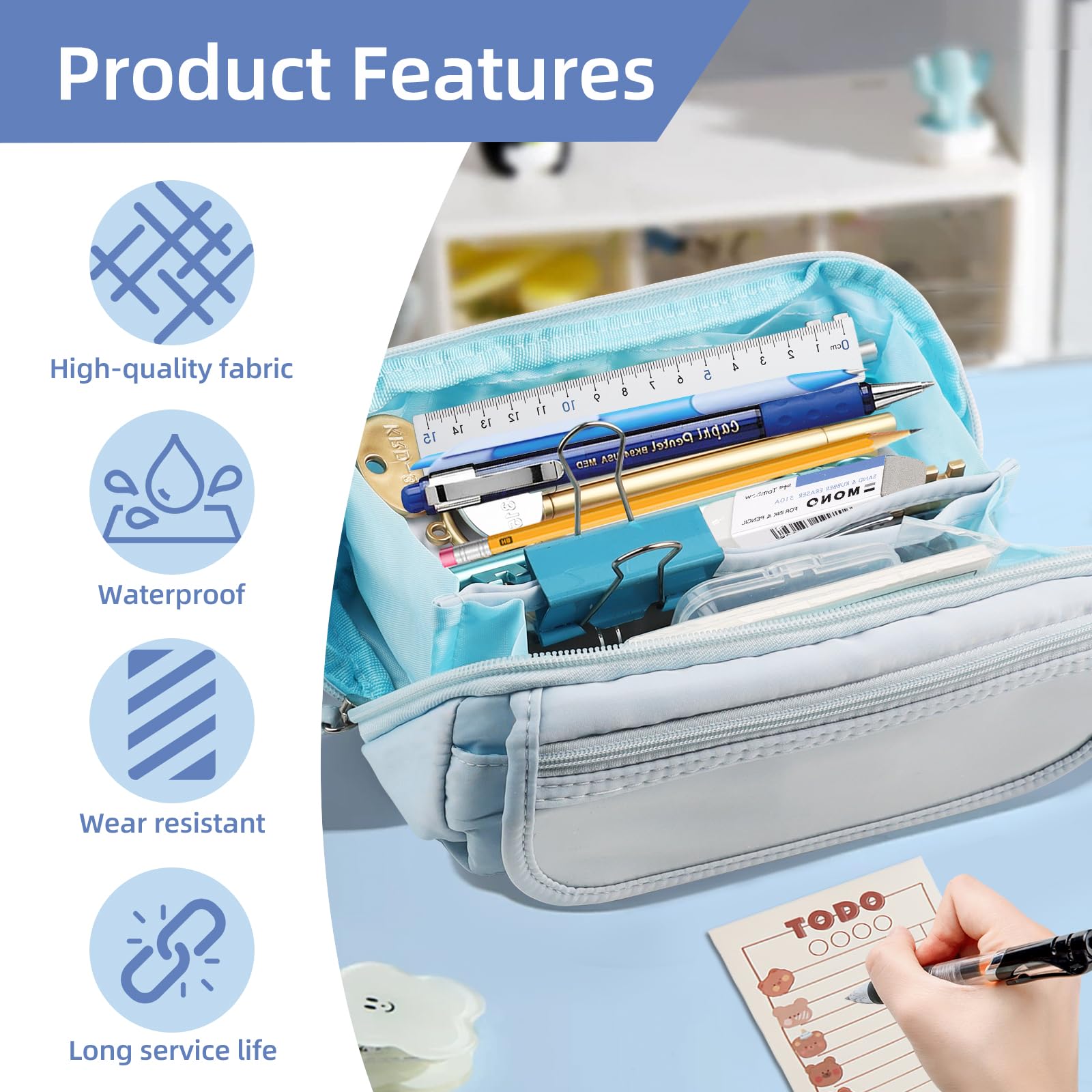 TPTGIAR Large Pencil Case for Girls Boys with 2 Note Pads Sky Blue Big Capacity Portable Pencil Case with Compartments Waterproof Home School Office Stationery Supplies Pencil Pouch - Image 3