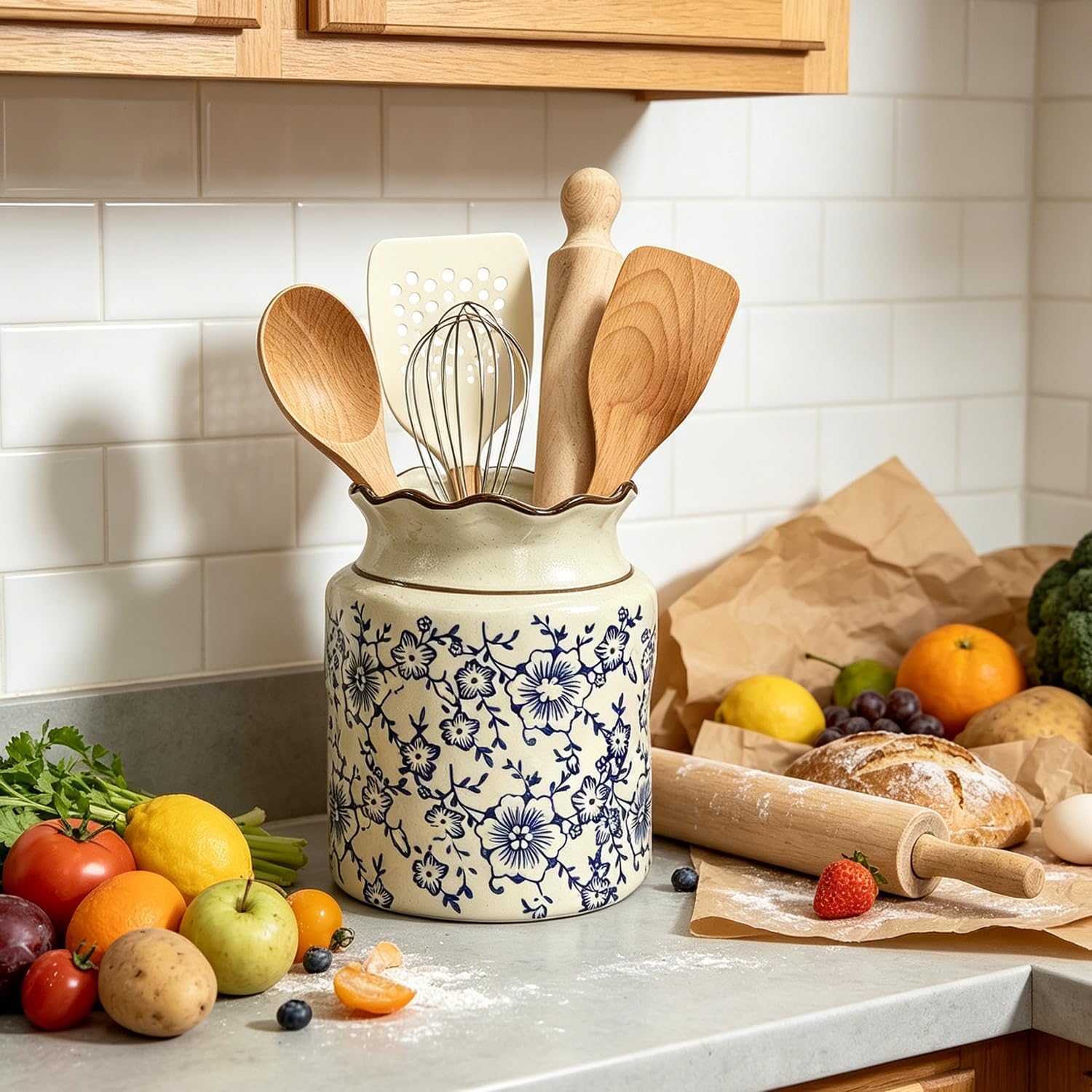 Chinoiserie Blue Porcelain Utensil Holder, Kitchen Counter Crock