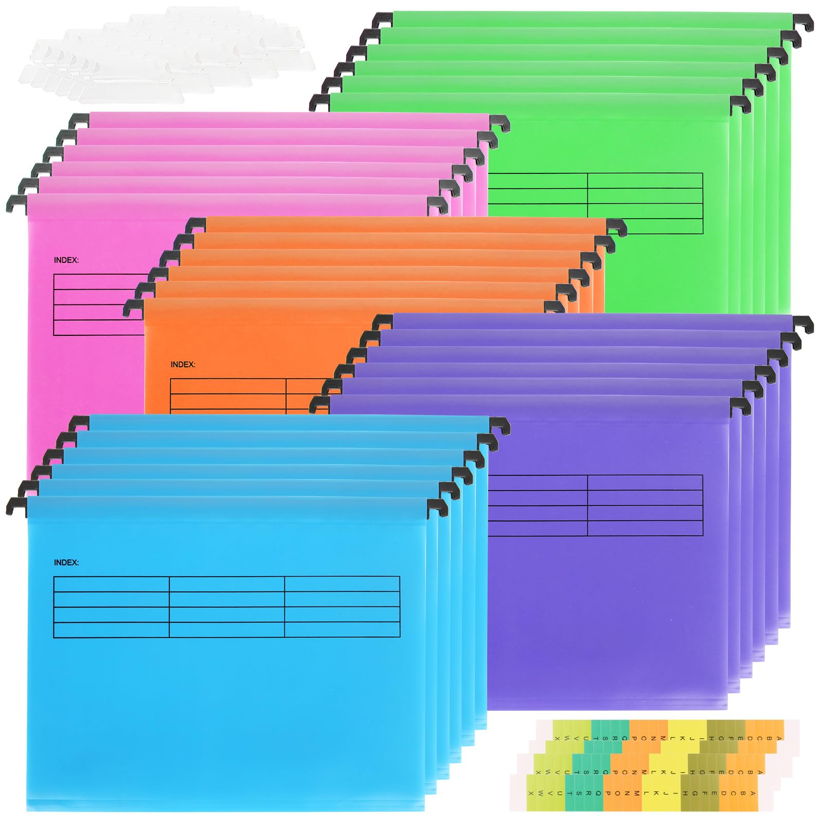30 piezas carpetas colgantes A4, 5 colores carpetas colgantes a4 plastico, carpeta colgante plastico con pestañas y soportes para tarjetas para la escuela, el hogar, Oficina