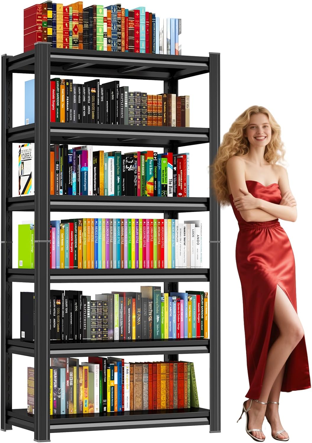 5 Tier Metal Bookshelf, 71"H Adjustable Tall Bookcase, 1500LBS Heavy Duty Deep Book Shelf, Industrial Black Wide Bookshelf, Modern Bolt-Free 5 Shelf Book Shelves for Bedroom, Living Room, Library