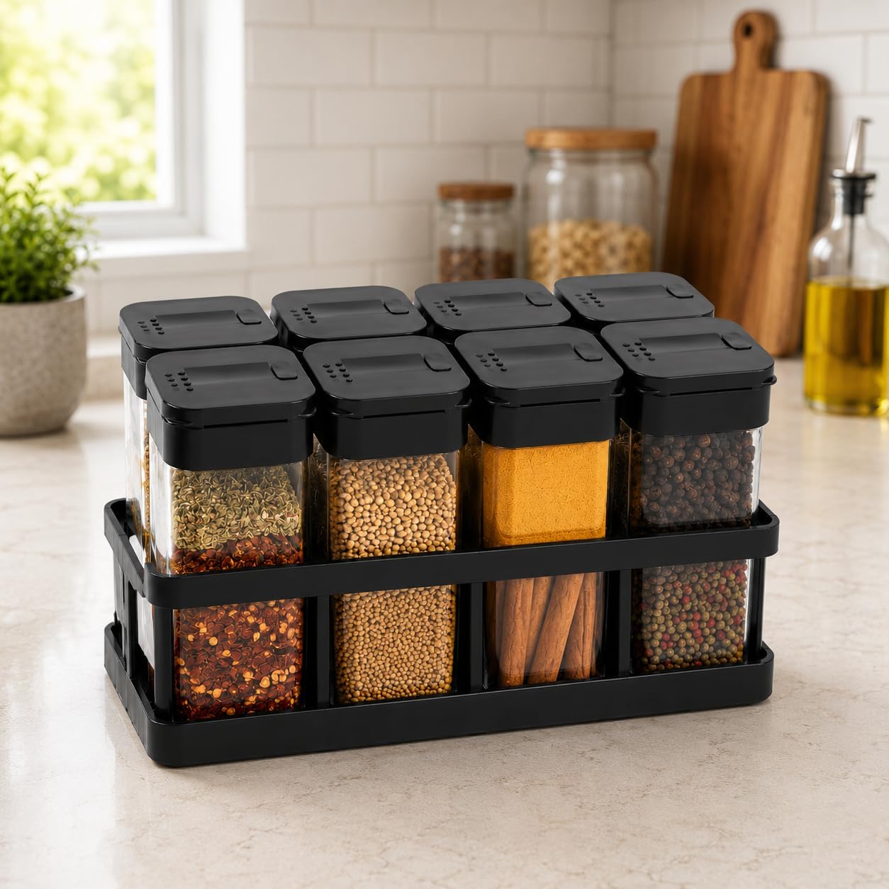 TASMAX 8 Pcs Sets Airtight Masala Box For Kitchen Masala Container For Kitchen Spice Jars Multi Storage Container For Kitchens Easy Flow Spice Storage Container With Tray Spice Jars - Plastic, Black
