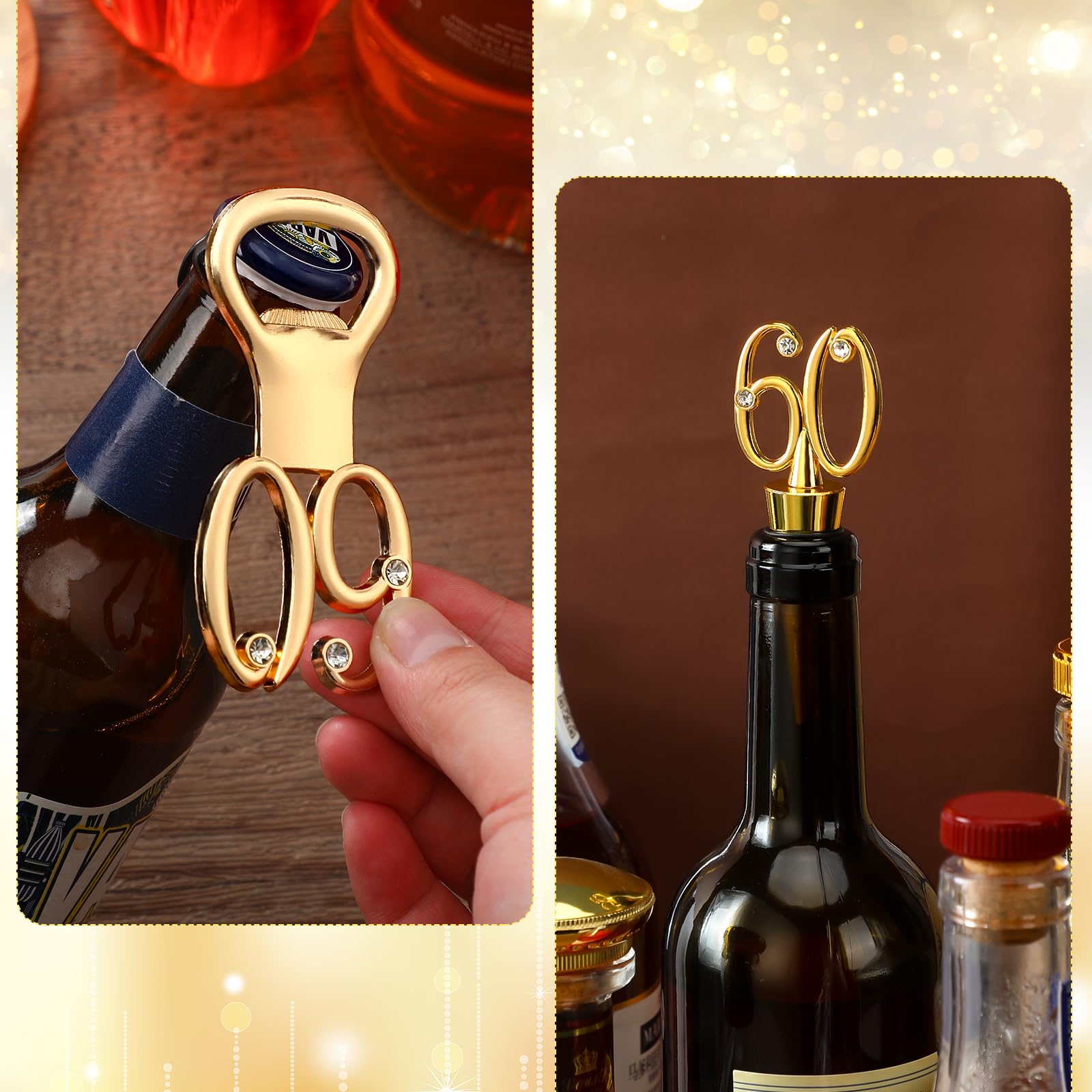 Tioncy Confezione bomboniere 24 per 60° compleanno tappo vino, apribottiglie, etichette e sacchetti in rete per 60° anniversario di matrimonio souvenir