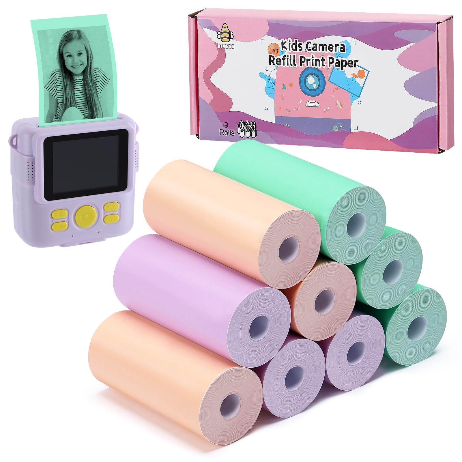 9 Rolls Kids Instant Camera Print Refill Paper- Photo Printer Thermal Paper Rolls Instant Print Camera Refill Paper for 4 5 6 7 8 9 10 Year Old Girls Boys Birthday Gifts, Candy Color
