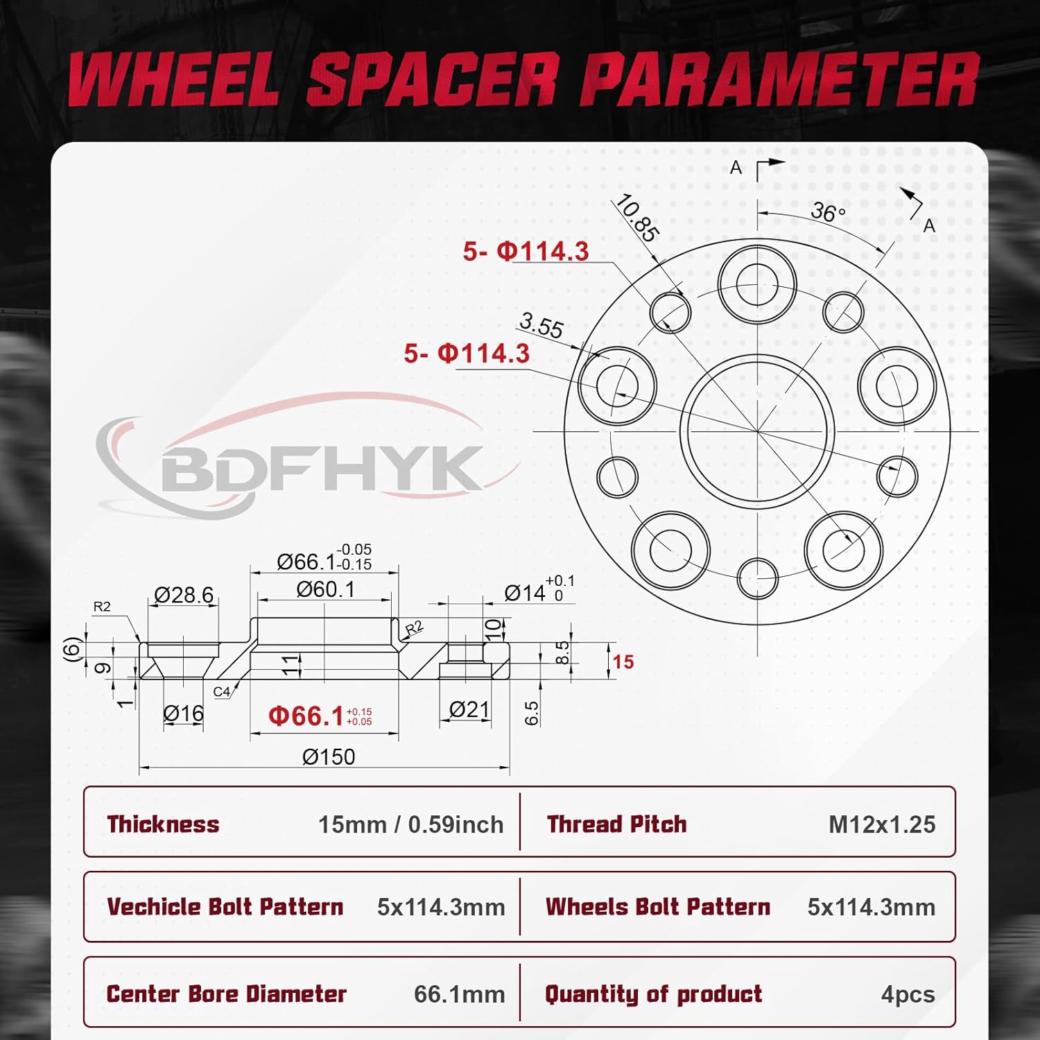 BDFHYK 5x114.3mm Wheel Spacers 15 mm Hubcentric Wheel Spacer Compatible with Nissan 300ZX 350Z 370Z Altima Infiniti G35 G37 FX35 S14, Forged 5 Lug Wheel Adapters M12x1.25 & 66.1 mm Hub Bore, Set of 4 - Image 3