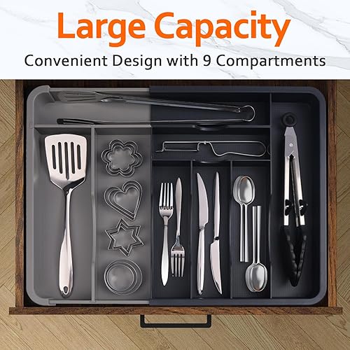 Miniatura 6 de Organizador de cubiertos Bandeja extensible para cajones de utensilios, organizador ajustable de cubiertos y cubiertos para cucharas, tenedores,