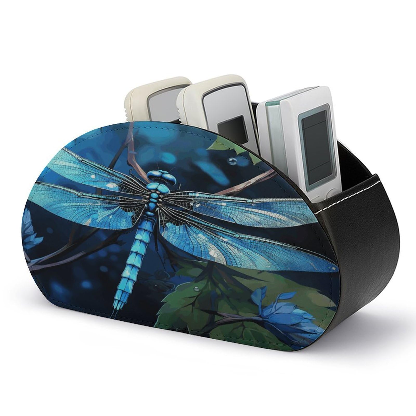 VstaDank Art Blue Dragonfly Remote Control Holder with 5 Compartments PU Leather Remote Caddy Desktop Organizer Store TV Remote Control Storage Box for Home Office Desk Nightstand