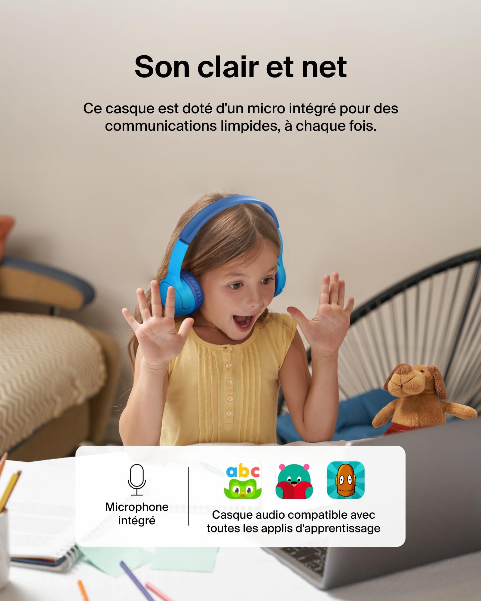 Belkin SoundForm Mini Casque Audio sans Fil pour Enfants avec Micro intégré (Circum-aural, autonomie de 30 h, pour Apprentissage, Voyages, Autocollants Amusants, pour iPhone, iPad, Galaxy) - Bleu