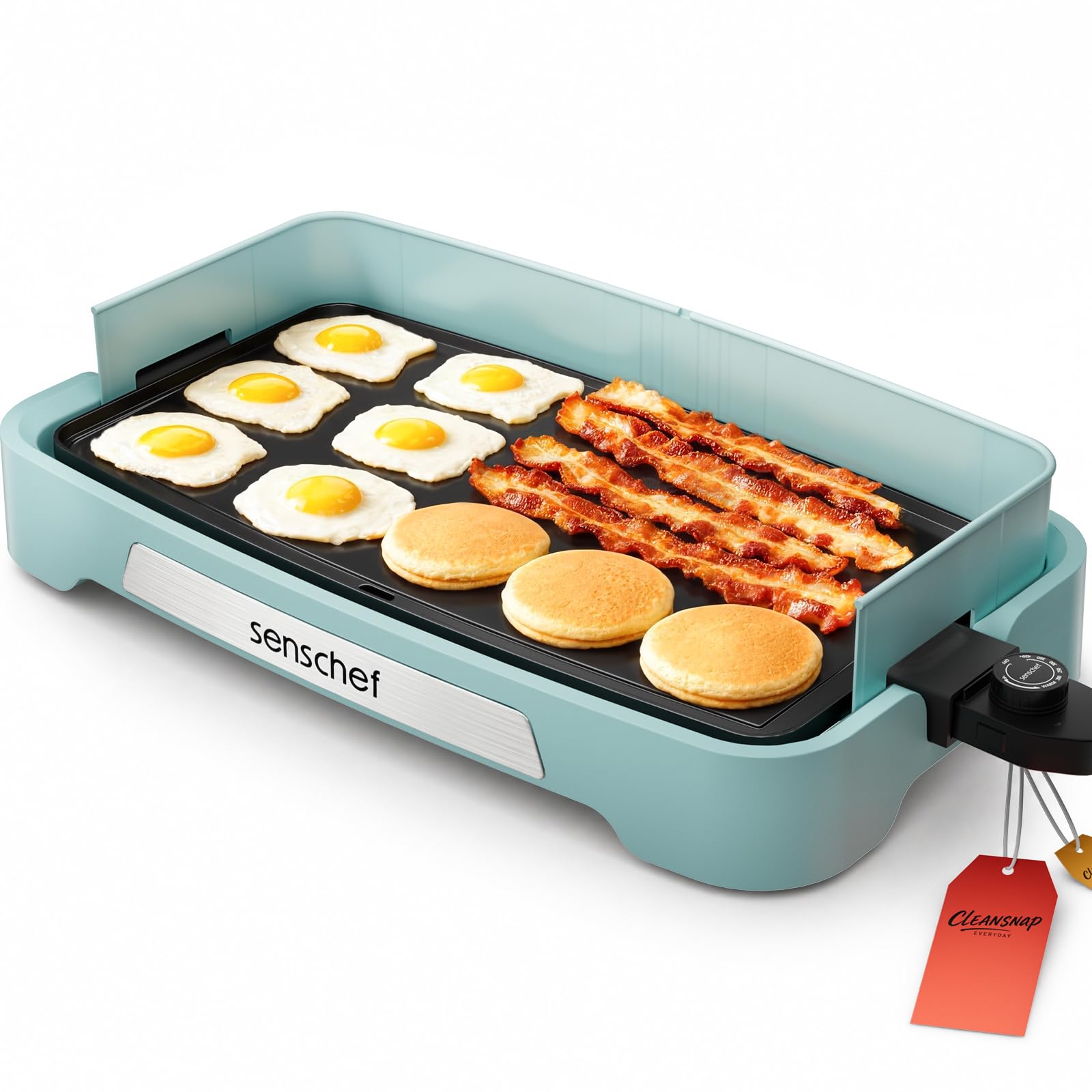 Cleansnap Everyday Electric Griddle,The Ultimate Gift for Family Feasts - 20” Nonstick Grill with Foldable Anti-Mess Shield, Rapid 1700W Heat &amp; PPG Ceramic Coating, Dishwasher Safe, Saga Blue