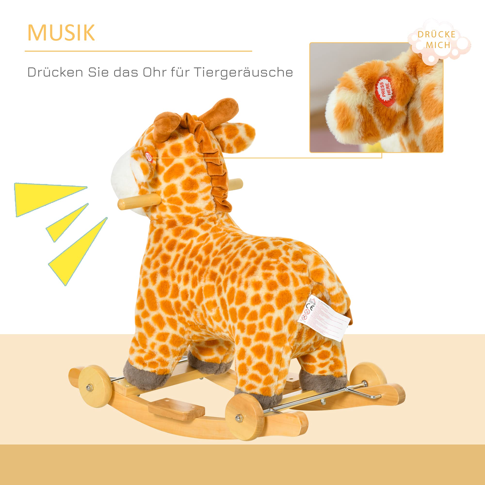 HOMCOM 2-IN-1 Schaukelpferd mit Räder Plüsch Schaukeltier Babyschaukel Spielzeug Gelb 63 x 38 x 63 cm