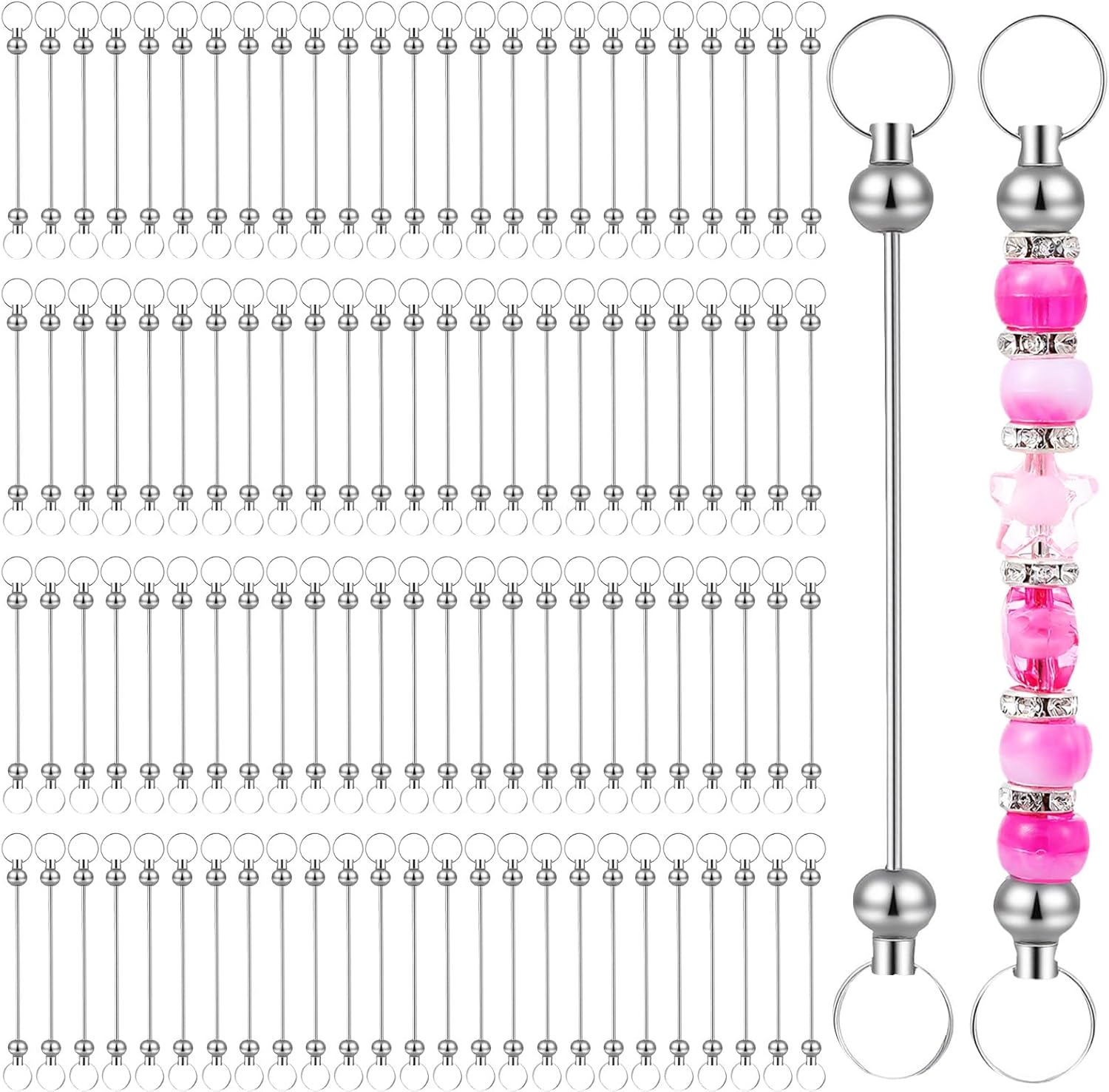 Tobeelec 100 Pcs Beadable Keychain Bars Bulk DIY Blank Beadable Keychains Creative Customized Keychains Bar Keychain Making Kit for Women Man Jewelry Making Gift