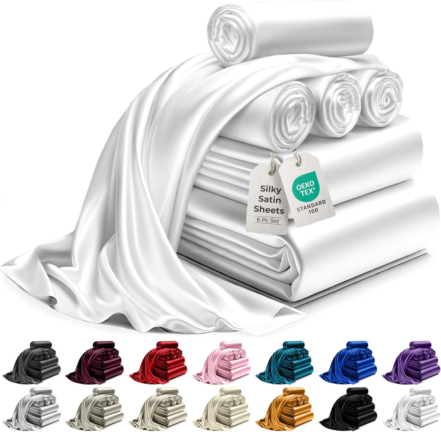 DECOLURE Satin Sheet Queen Set 6pcs Luxurious & Genuine