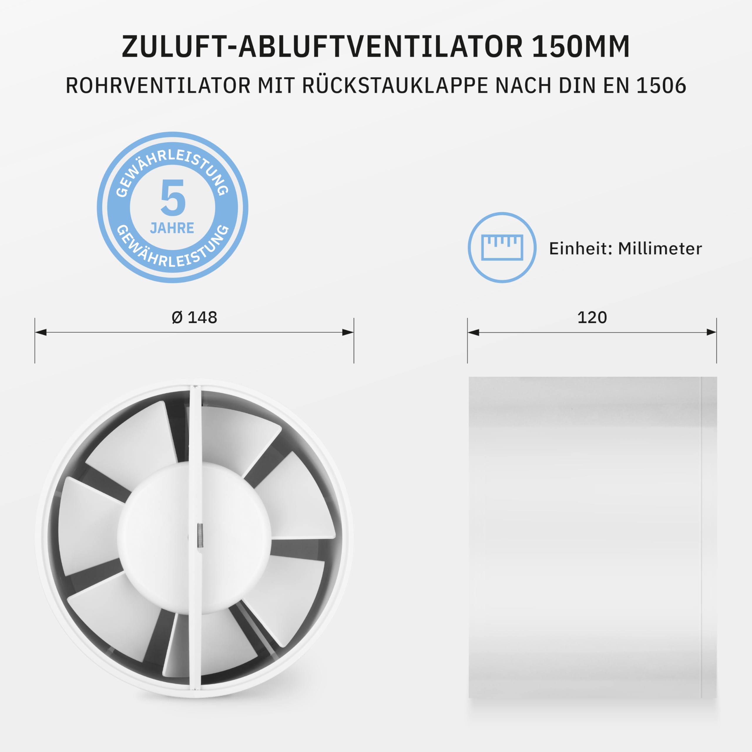 INLINE Rohrventilator 150mm mit Rückstauklappe, Zuluft-/ Abluftventilator, Badlüfter, Grow Tent, Booster Lüfter, Rohreinschublüfter 320m³/h, 18Watt / 35dB / IPX2 / Kunststoff