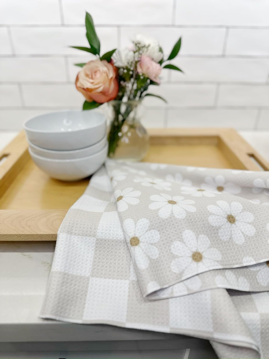 Trig Kitchen Towel. Tea Towel. Dish Cloth. Double Sided Design. Quick Dry Waffle Weave Microfiber. Highly Absorbent. Designer Prints. Modern. 2 Pack. Daisy - Image 7