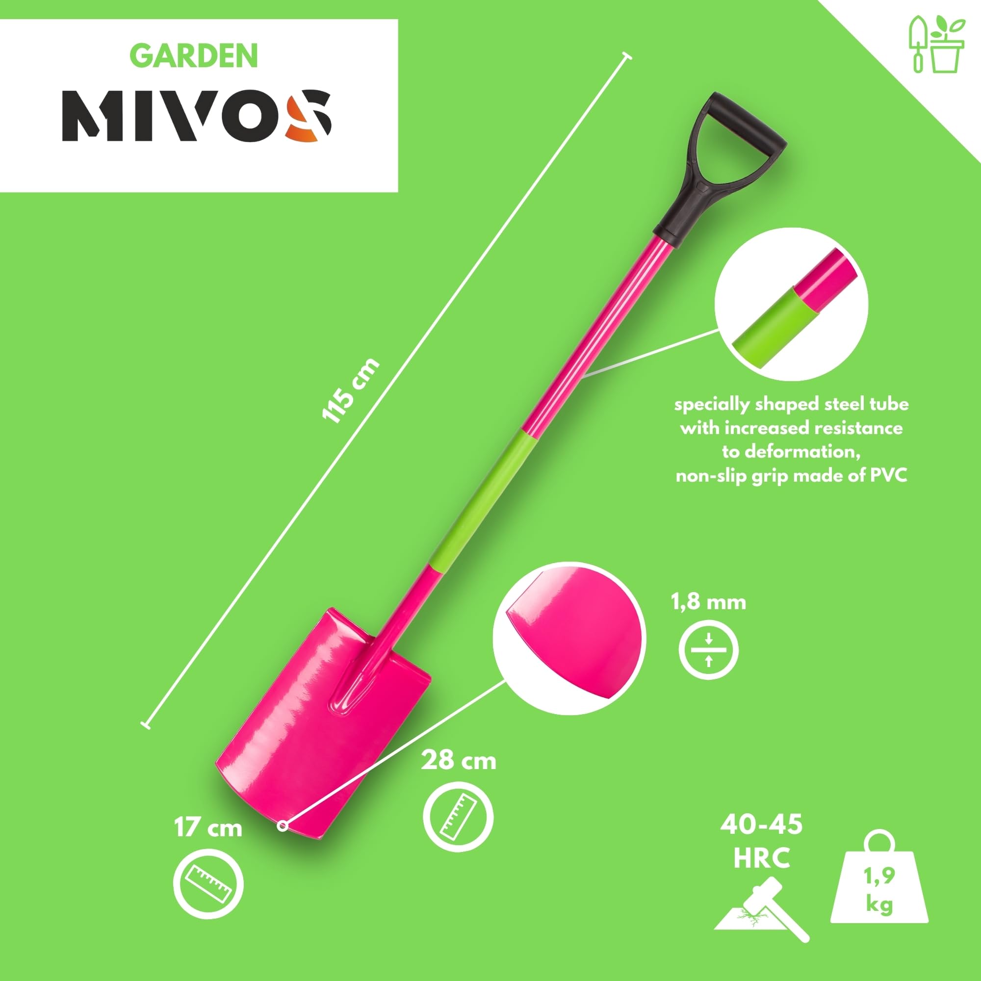 Mivos Vanga da giardino rotonda in acciaio boro temprato – 115 cm – Vanga da giardino per donne con bordo largo – Vanga con manico ergonomico e manico a D – Vanga da donna – Prodotto nell'UE