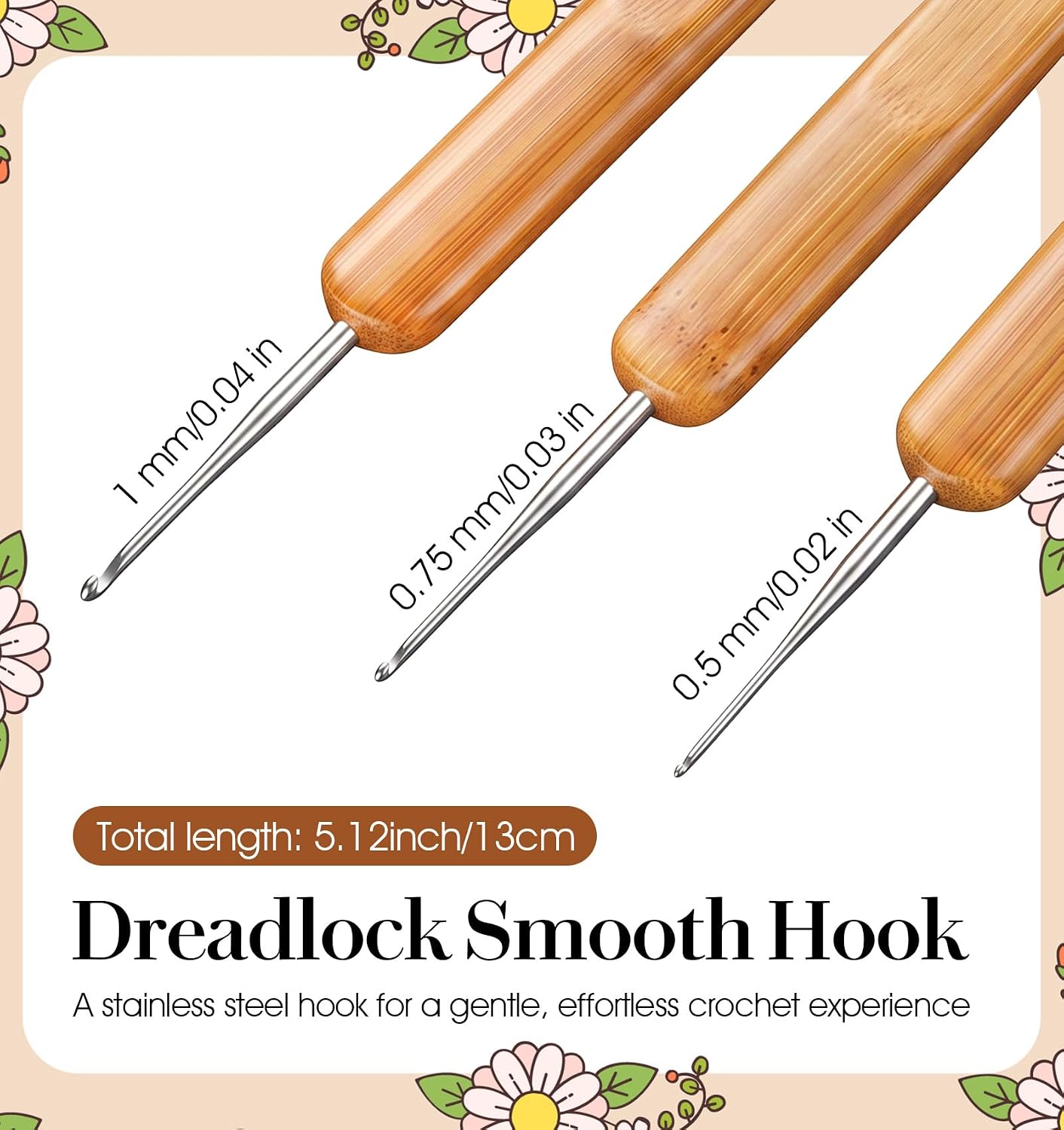 3 PCS Dreadlock Crochet Hook, 0.5mm/0.75mm/1mm Single Needle Crochet Hook for Locs with Bamboo Handle for Hair Braid Craft Weaving (Brown, 5.1 Inches)