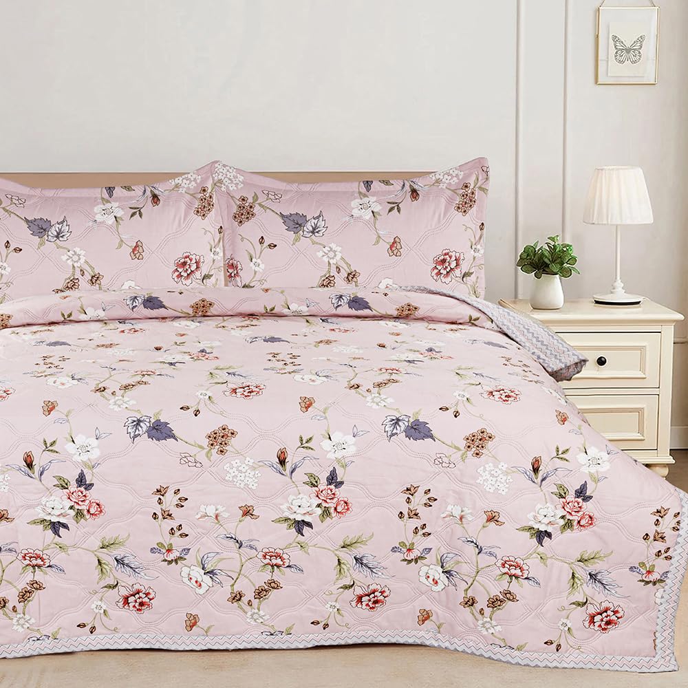 BSB HOME All-Weather Embroidered Ultrasonic Quilted Thread Free 3 Pcs Comforter Set with Pillow Shams- Light Weight Bedspread/Duvet/Quilt - Double, 150 GSM | Floral Light Pink and White-image-27
