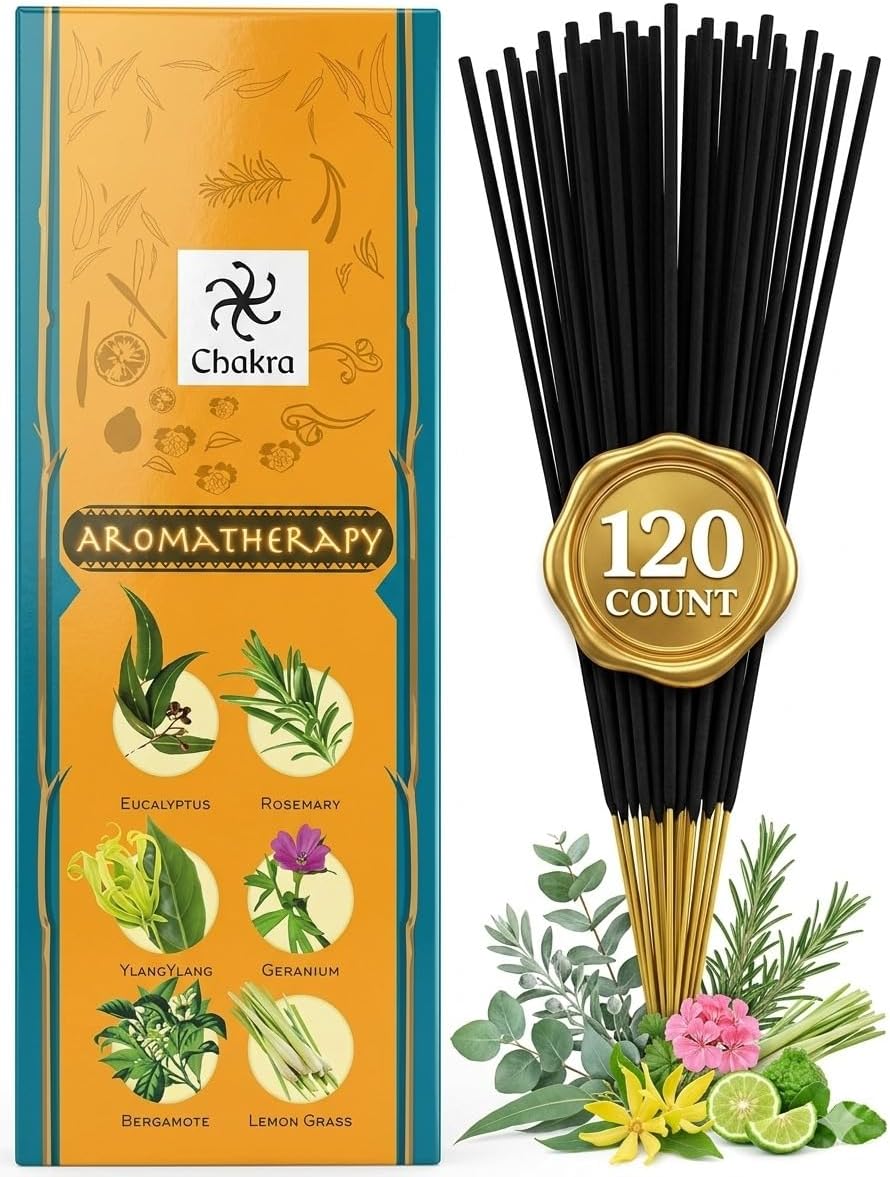 Chakra Aromatherapy Incense Gift Pack – 120 Natural Sticks (6 Boxes) – Relaxing, Stress Relief, Meditation, Refreshing, Sensuality & Energising Scents – Eucalyptus, Geranium & More