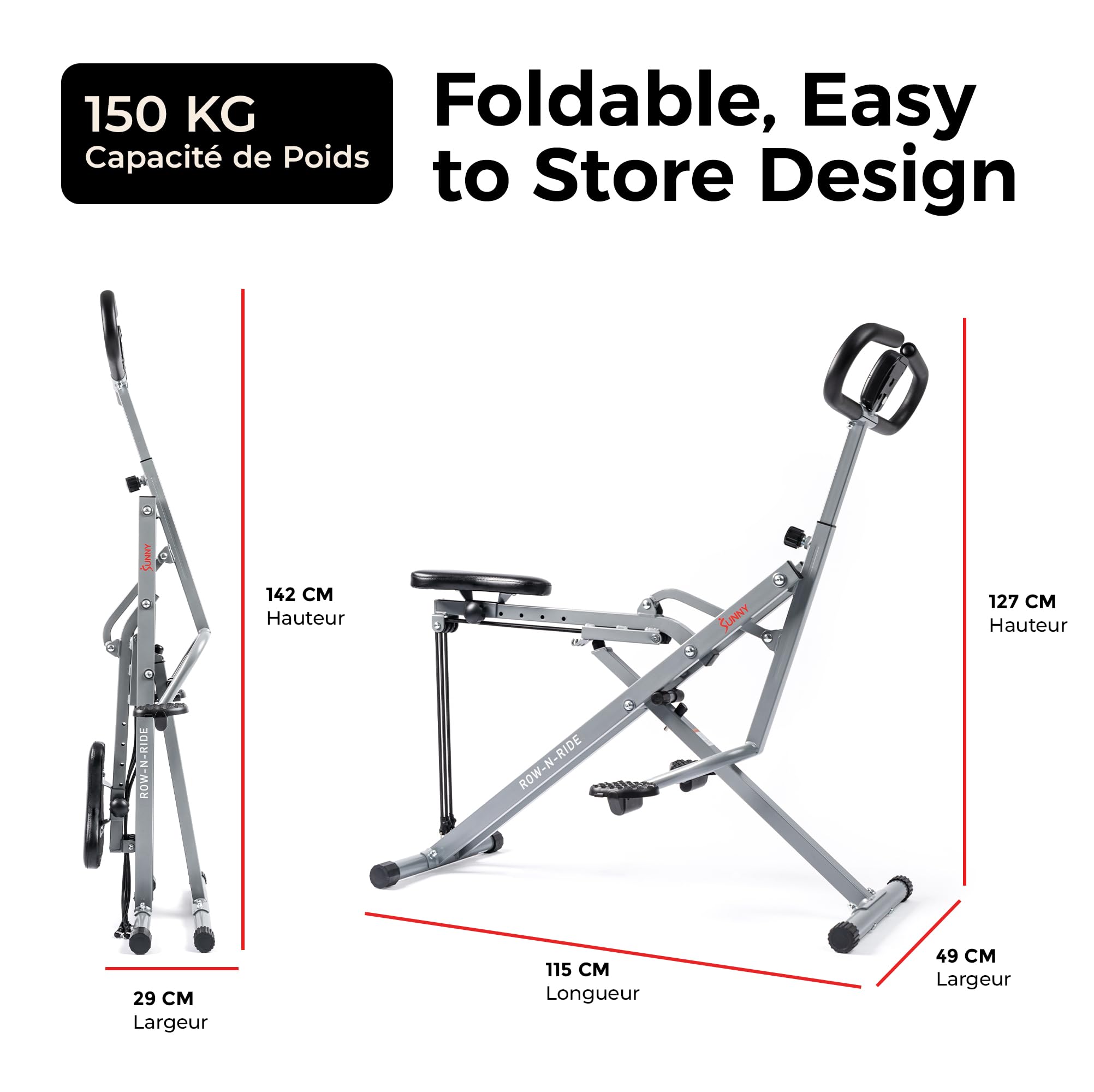 Sunny Health & Fitness Appareil Row-N-Ride Squat Assist, Équipement d’Entraînement Pliable avec Résistance Réglable, Machine de Fitness à Domicile pour Travailler Bras, Fessiers et Jambes, Option Plus