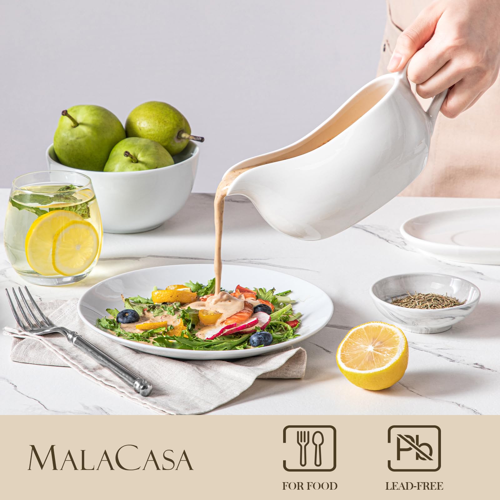 MALACASA Salsiera in Porcellana 500 ml con Piattino e Manico, Salsiera per Salsa Contenitore con Vassoio per Salsa, Crema Brodo Latte, Condimenti per Insalata, Panna, Adatto alla Lavastoviglie, Bianco
