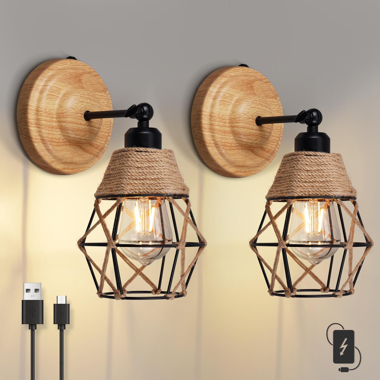 HYMELA N06 Battery Operated Wall Sconce Set of 2, Rechargeable Wall Lamp with Rope & Iron Lampshade, Rustic Cordless Wall Light Fixtures, Wood Sconces for Living Room Bedroom Kitchen(Bulb Included)