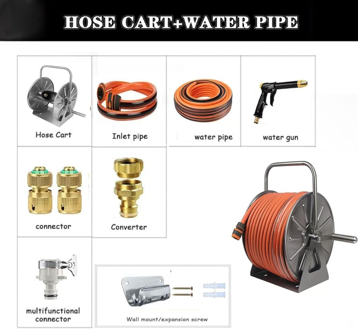 Stainless Steel Garden Hose Reel Cart, Wall Mounted & Portable Hose Storage With Water Gun(20m)