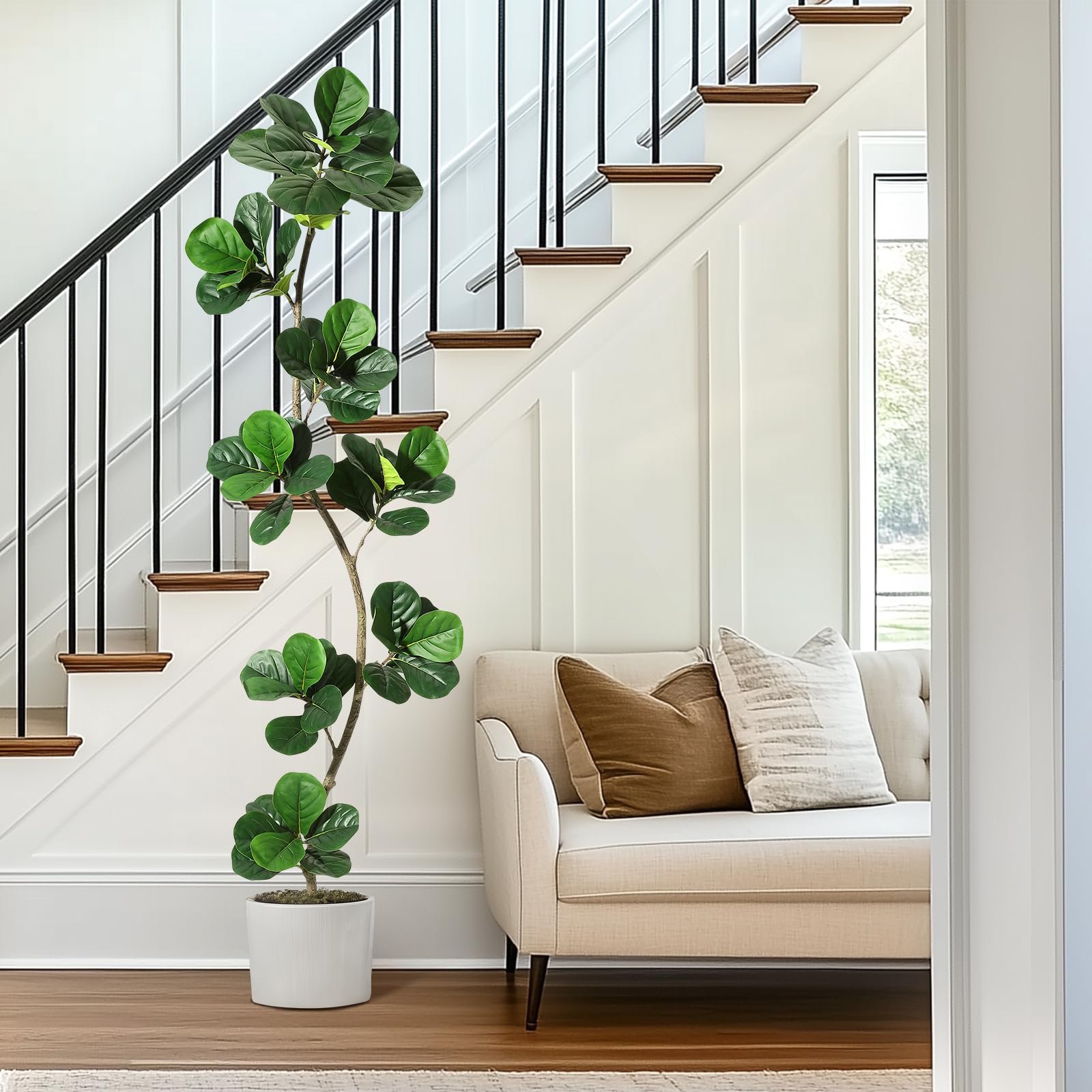 GarveeHome Higuera artificial de hoja de violín – Planta falsa de 7 pies con maceta negra para vivero, plantas de piso grandes para decoración del hogar u oficina, plantas artificiales para interiores