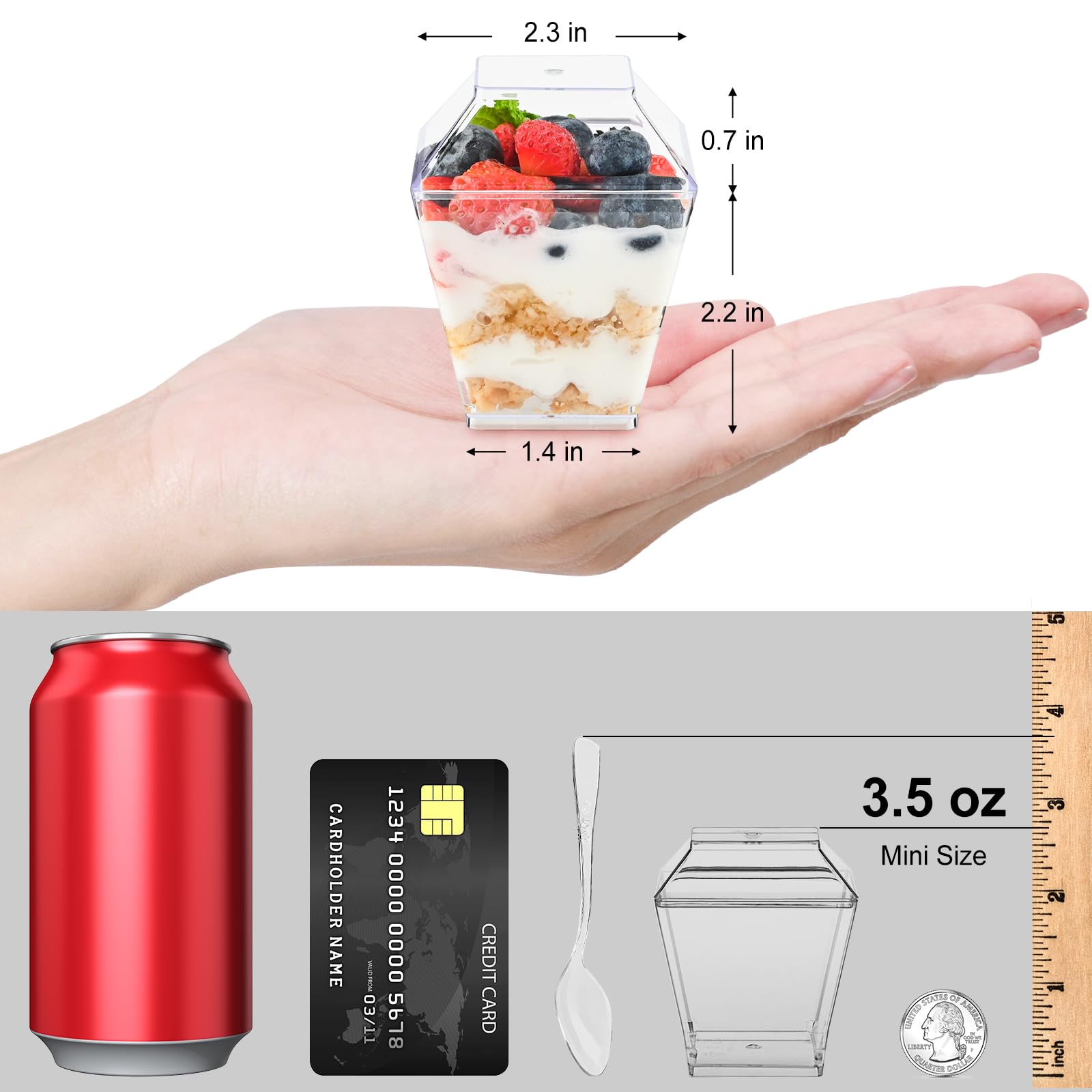TOFLEN Paquete de 50 mini vasos de postre de 3.5 onzas con tapas rígidas y cucharas, vasos cuadrados de plástico transparente para servir postres, vasos para servir aperitivos de parfait y vasos de