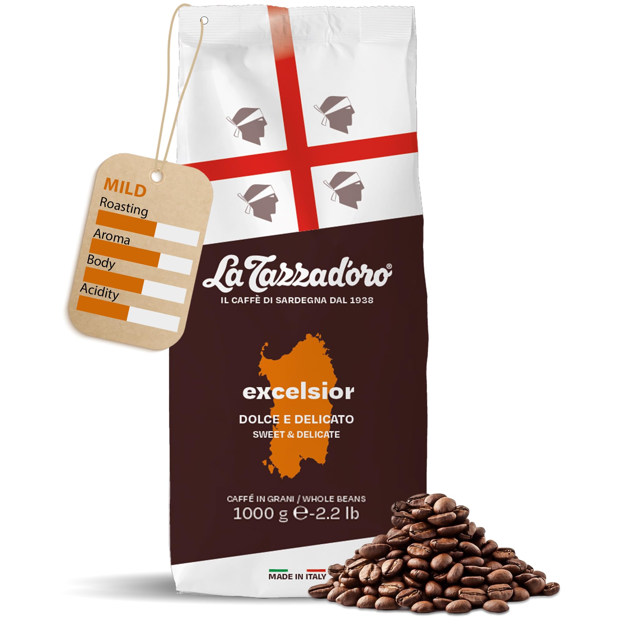 La Tazza D'oro Italian Coffee Beans 1kg (Medium Roast) - Excelsior from the Heart of Sardinia, Finest Whole Coffee Beans for Cafetiere, Moka Pot, Aeropress And Filter Brew - Part of the Kimbo Family