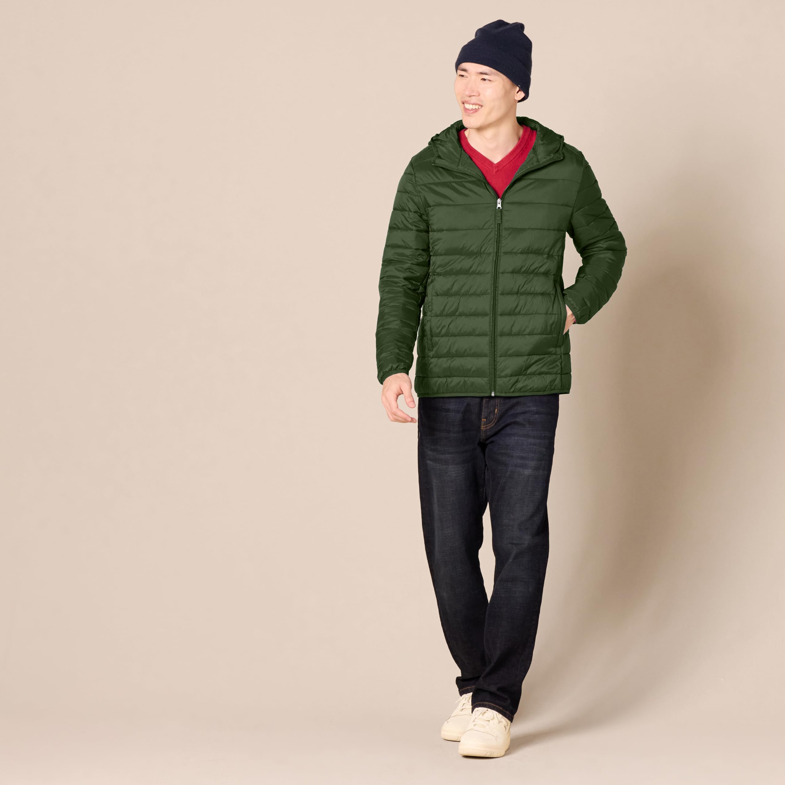 Amazon Essentials Hombre Chaqueta Acolchada con Capucha, Plegable, Ligera y Resistente a la Lluvia