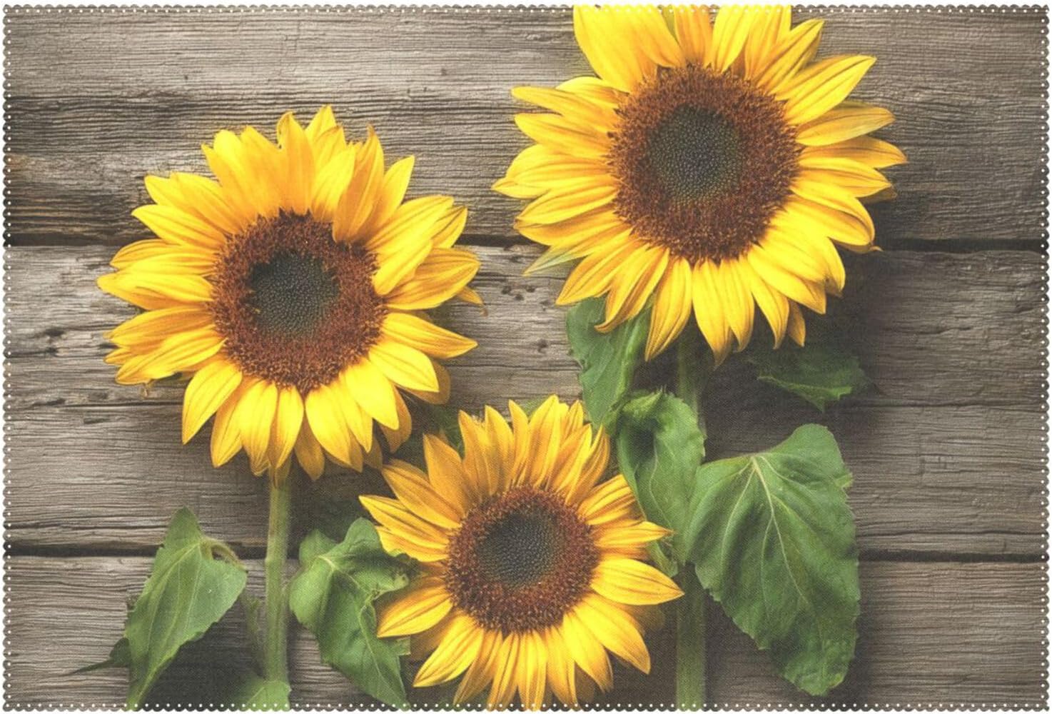 Wamika Beautiful Sunflowers Placemats Set of 6 Wood Board Florals Table Mats Spring Summer Autunm Place Mats for Kitchen Dining Decor Heat Resistant Non-Slip Washable 12 X 18 in