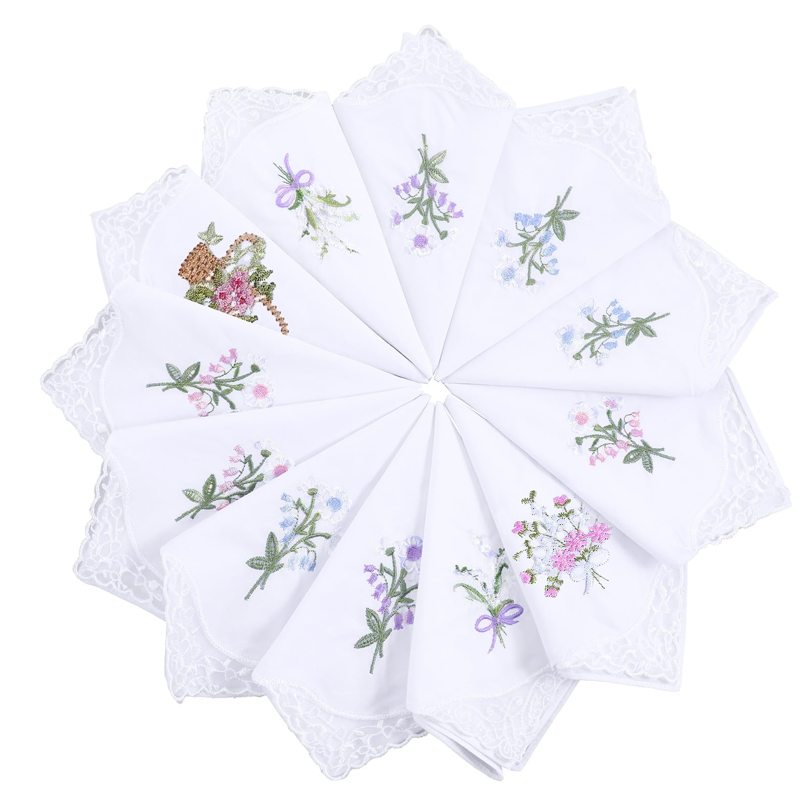 Lot de 12 mouchoirs pour femme en coton doux à motif floral avec dentelle à un coin, réutilisables et lavables pour fête de mariage, usage quotidien