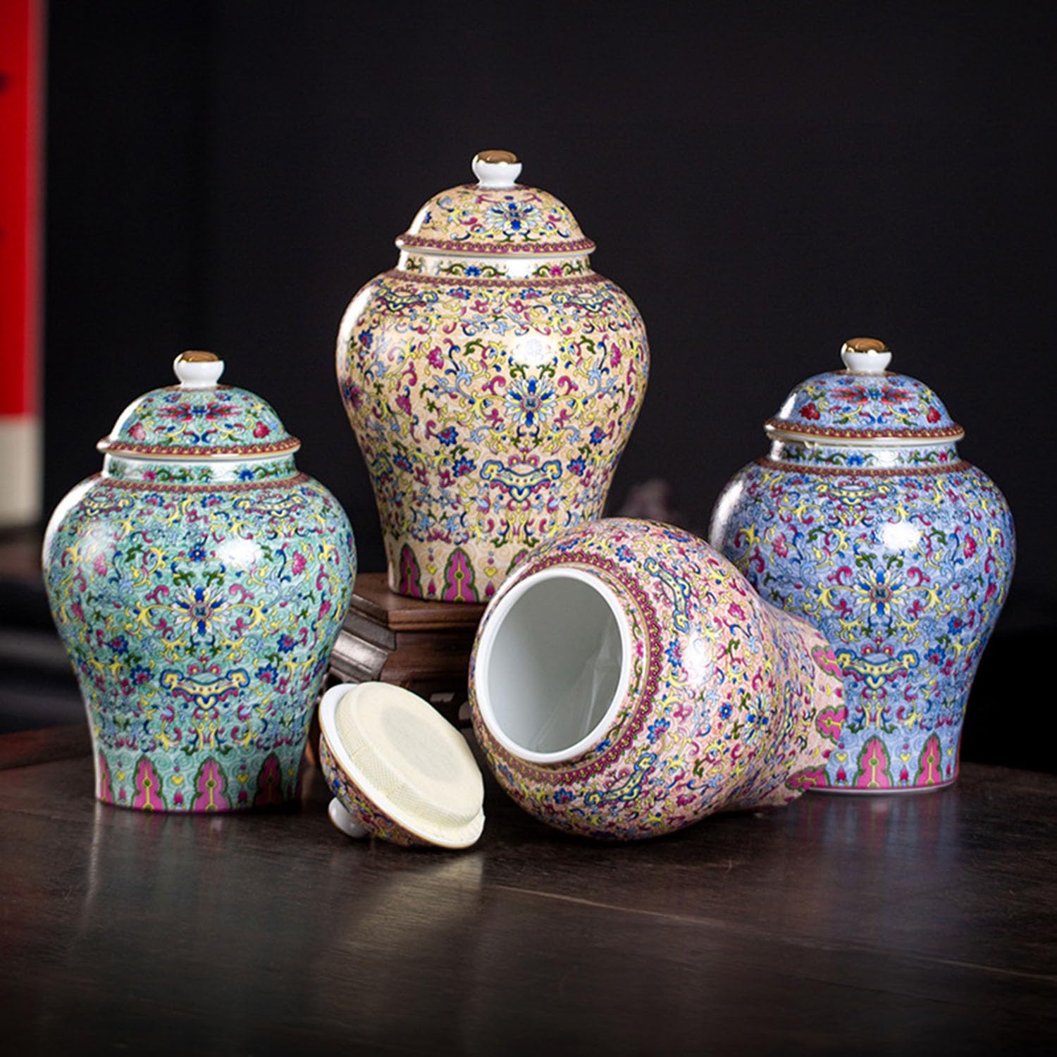 Słoik na imbir z emalii w stylu chinoiserie, kolorowy ceramiczny słoik