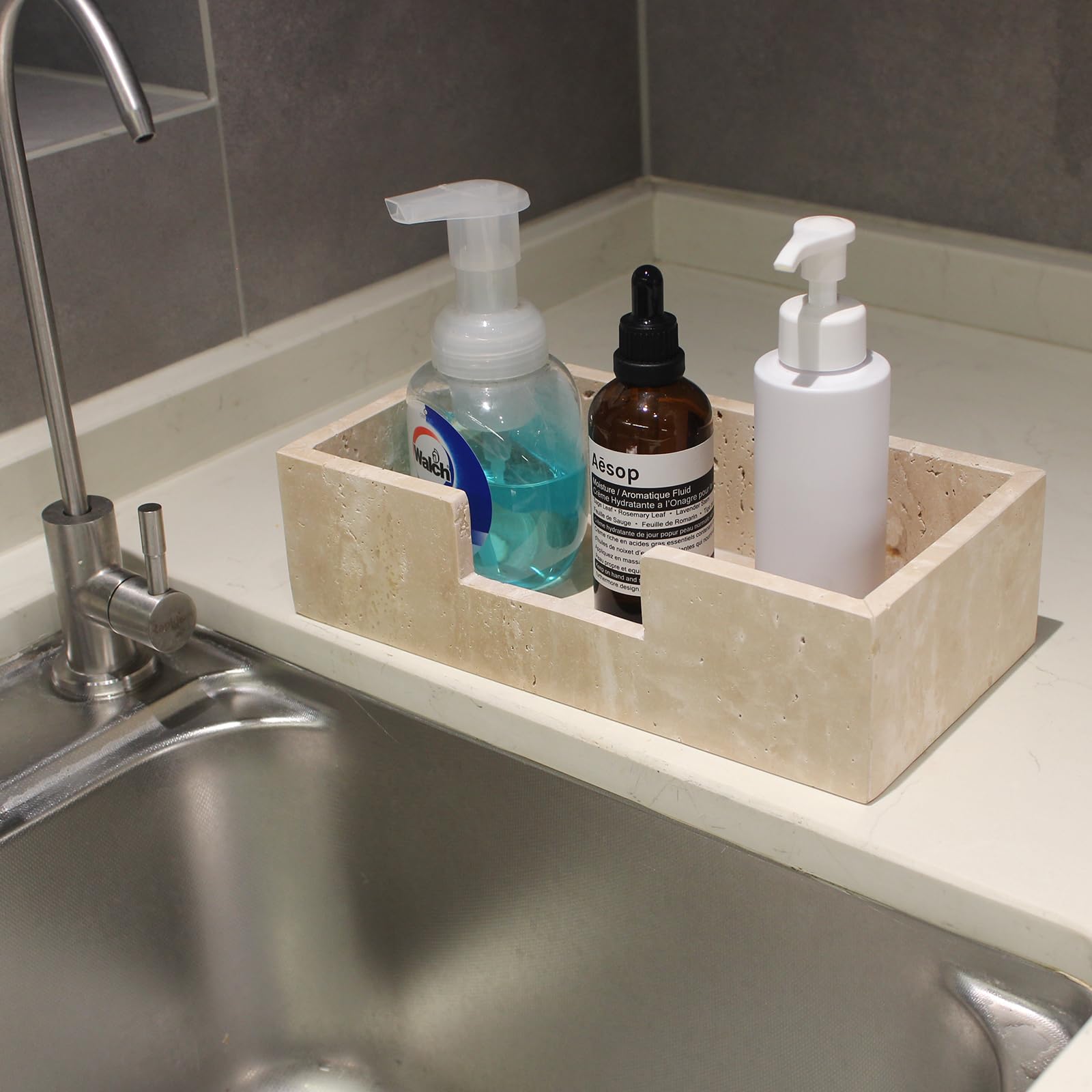 Servilletero rectangular de mármol travertino natural de 9.8 x 4.9 x 2.8 pulgadas, soporte para toallas de mano de invitados, cesta de mano de papel para baño/cocina/restaurante