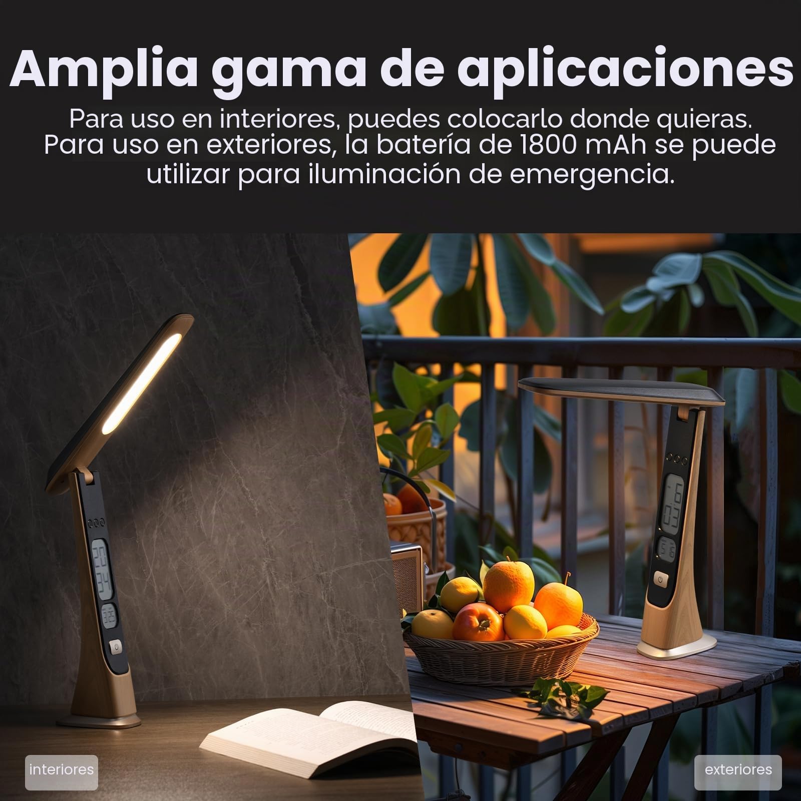 Lámpara de escritorio led recargable inalámbrica, regulable Lamparas de Mesa Sin Cable con Bateria,usb con reloj digital y controles táctiles - Portátil para el hogar, lectura, oficina