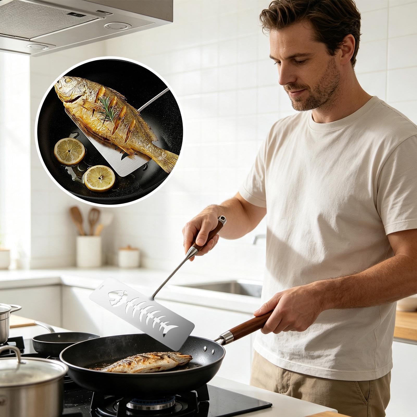 Spatola per pesce scanalata e paletta con manico in legno, ideale per cucine domestiche, ristoranti, uso per cucinare, girare, grigliare, sollevare e trasferire