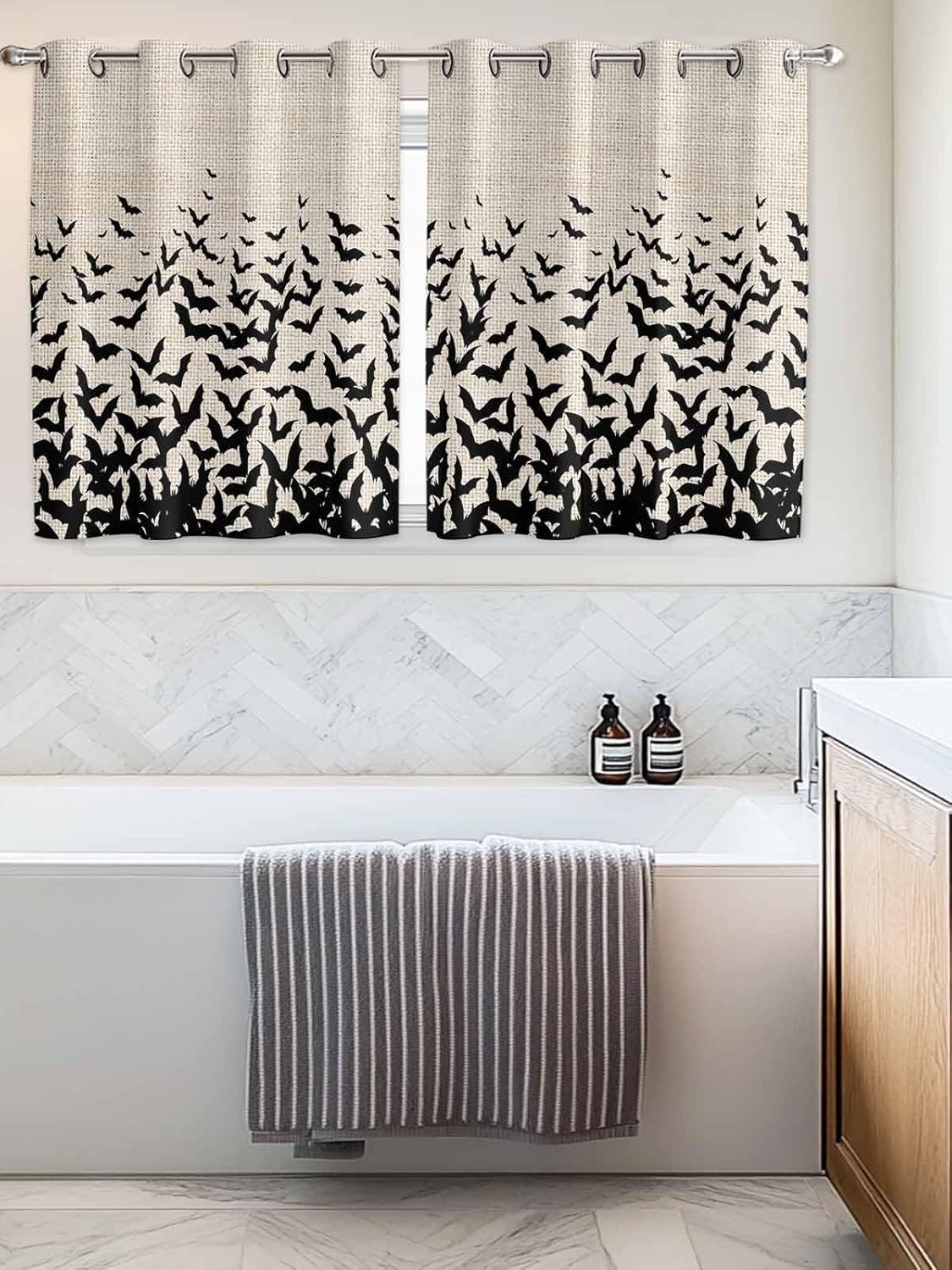 Window Curtains with Grommet Top Scary Halloween Window Panels Drapes Black Bats on Vintage Texture for Bedroom Living Room Kitchen Decor, 52x52inx2