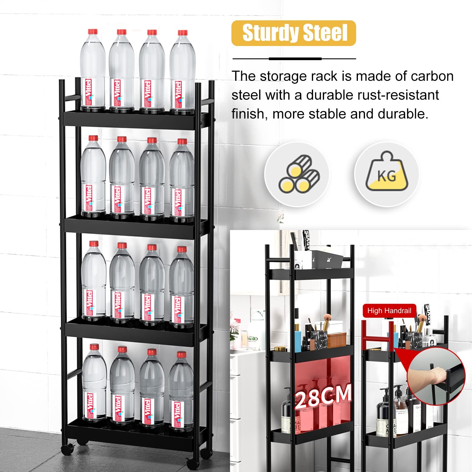 Carrello Cucina Bagno Carrellino Salvaspazio Carrello Portaoggetti Sottile Extra Alto Per Cucina Bagno, Carrello Di Stoccaggio A Rotelle Largo 12,5 Cm Con Ruote, Scaffali Stretti In Piedi Neri Carrell