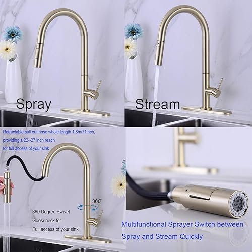 Miniatura 9 de Delle Rosa Grifo de cocina, grifo de cocina dorado cepillado con rociador extraíble, 2 modos de agua, giro de 360 grados, arco alto, preenjuague de