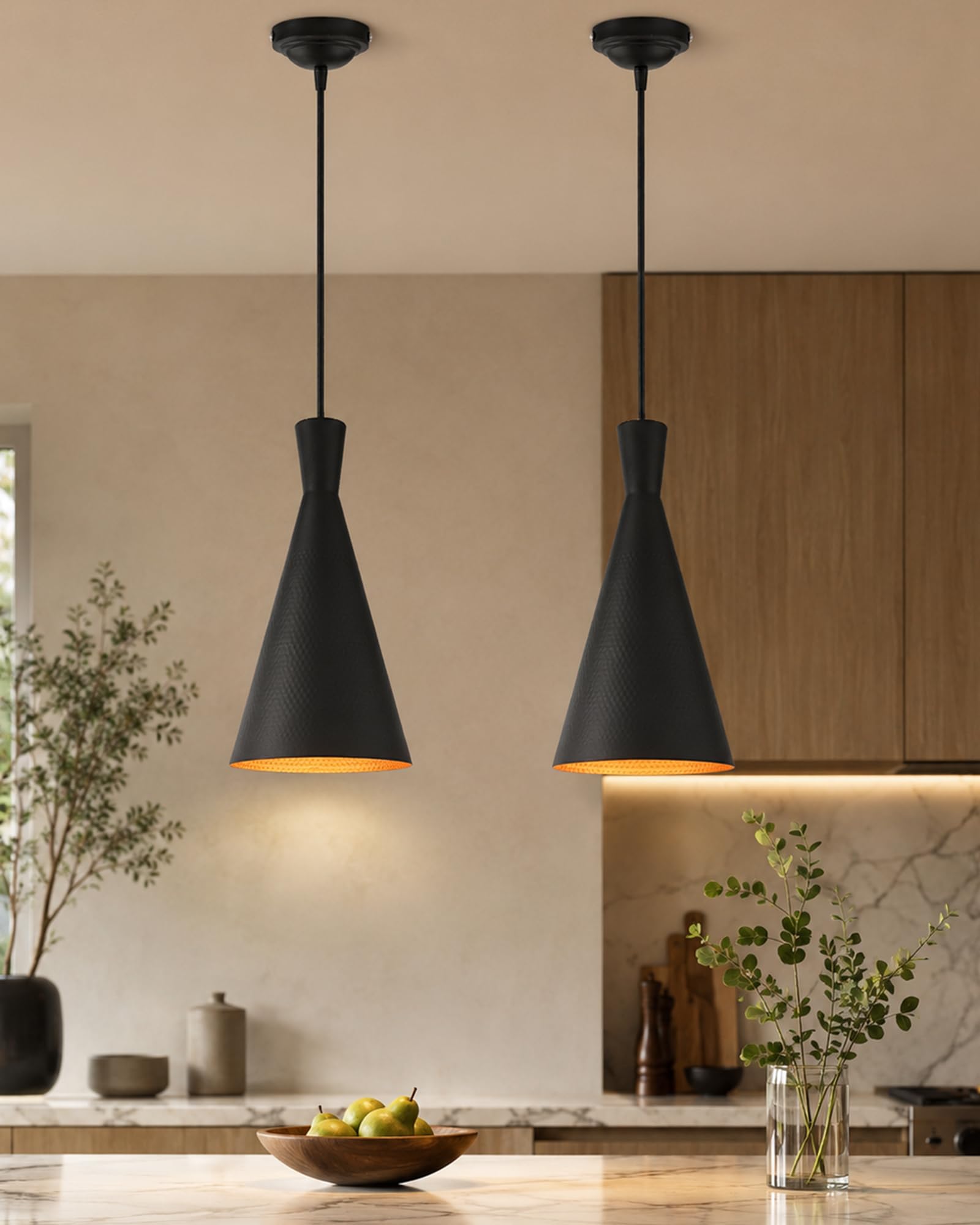 Homesake Modern Black Metal Pendant Lights - Industrial Style Hanging Cone Lamps for Living Room, Dining Room, Kitchen, Adjustable Cord, LED Compatible, Trendy Home Decor Lighting Fixtures - Set of 2-image-2