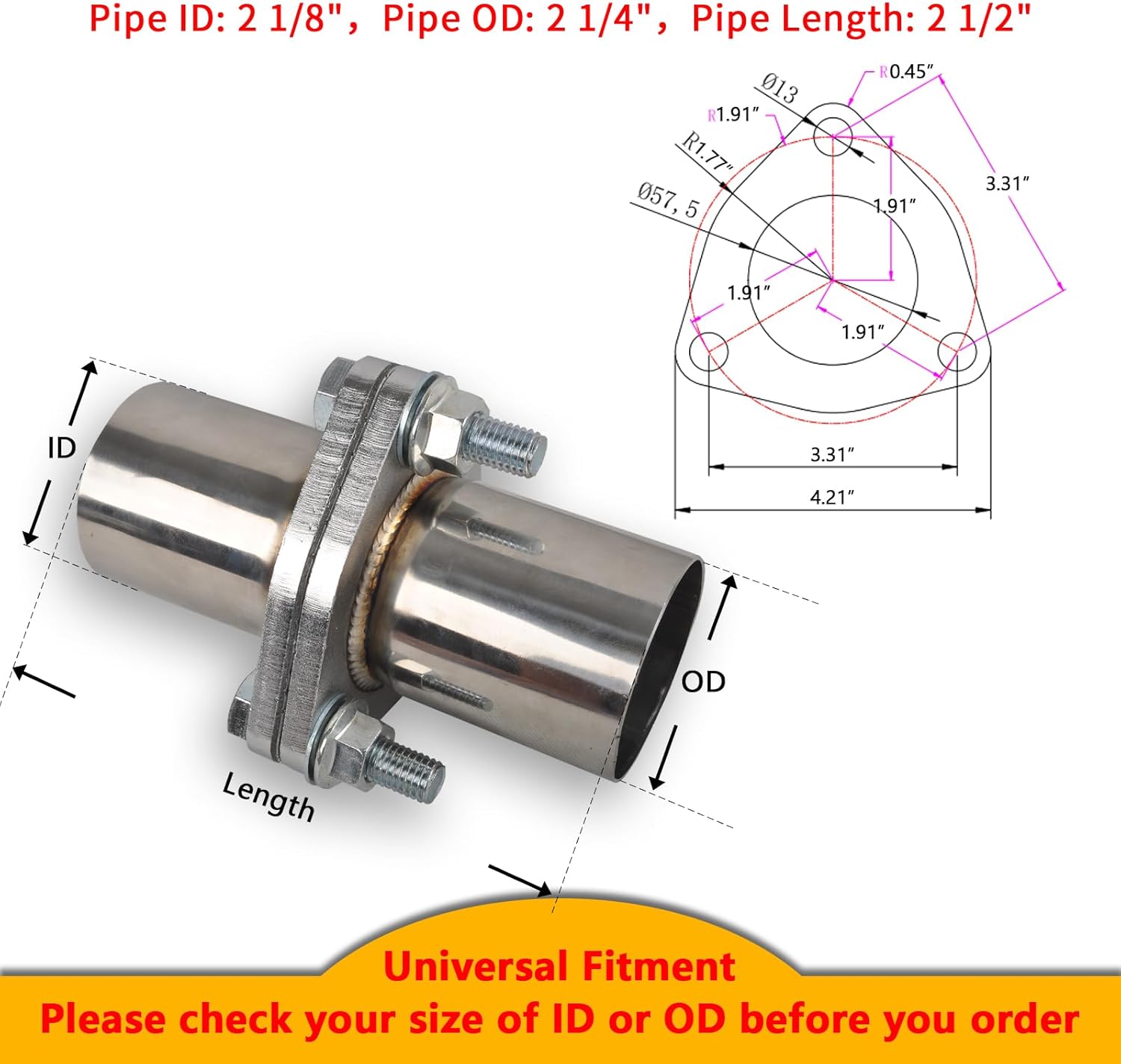Exhaust Flange Bolts Quick Fix Repair Pipe Kit w/Gasket & Hardware, 2.25'' Inch OD 3 Bolts T304 Stainless Steel Universal Flange Replacement Kit