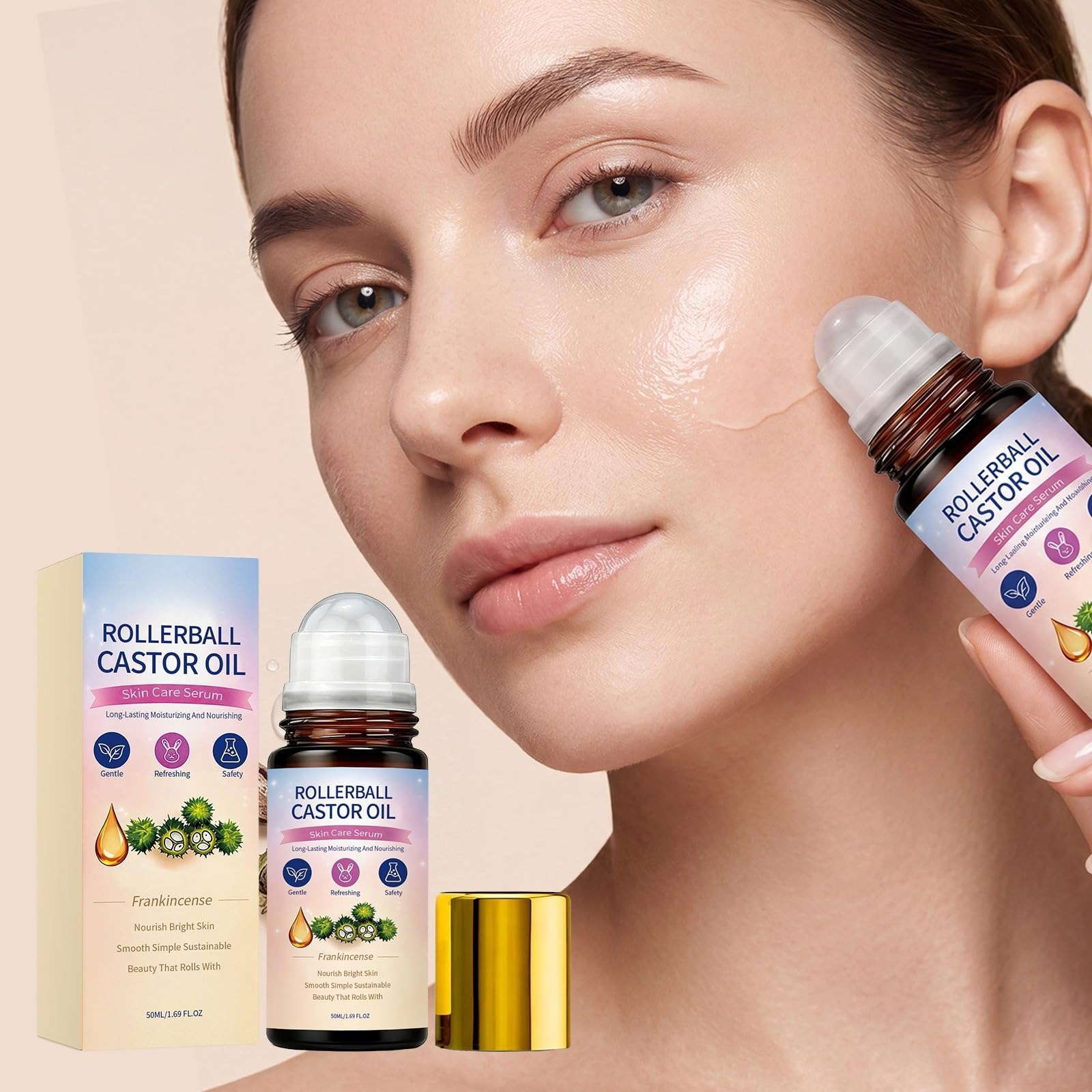 Organiczny olej rycynowy tłoczony na zimno z wyjmowanym wałkiem z różowego kwarcu, ujędrnia skórę, wygładza i rozjaśnia wygląd. Naturalny krem nawilżający do twarzy