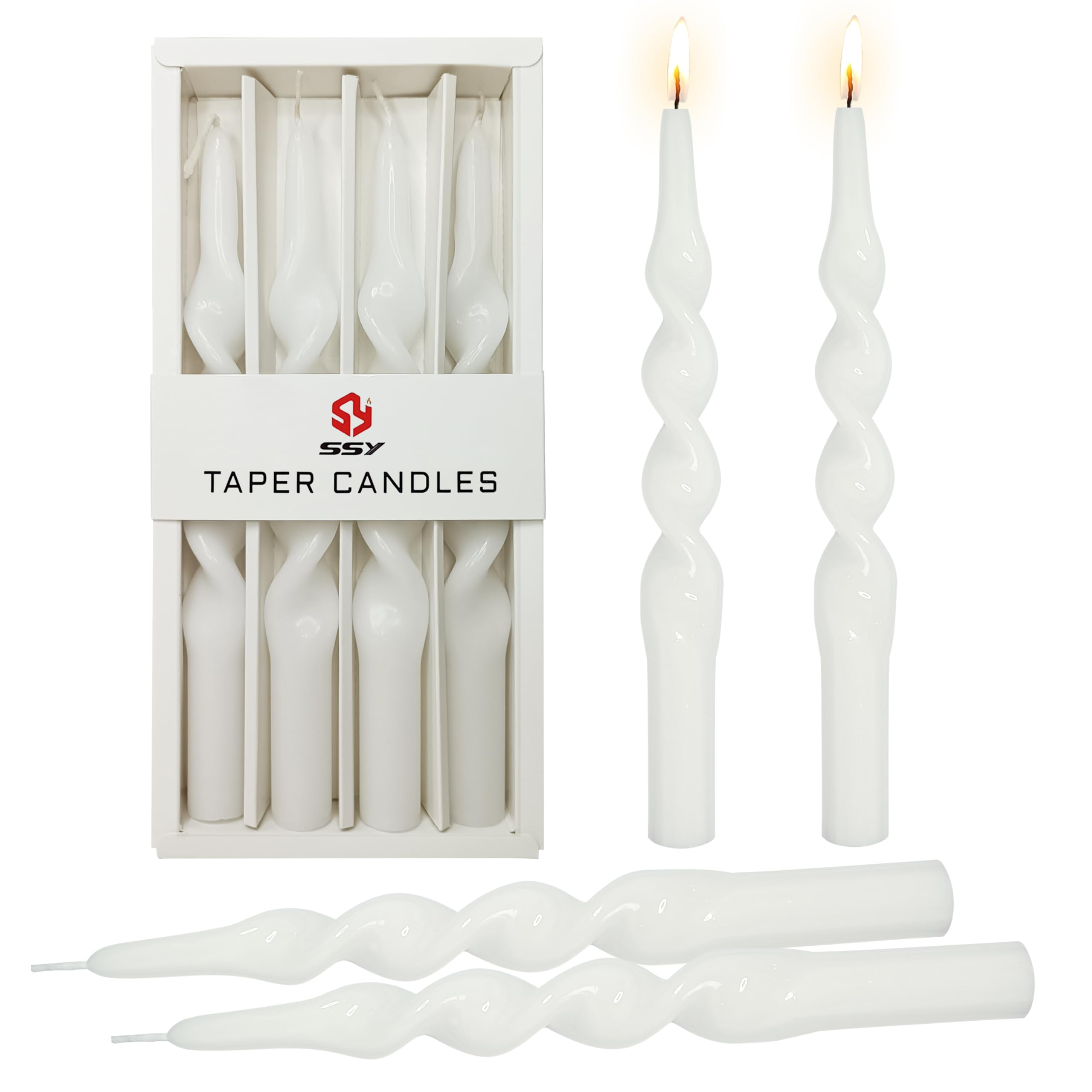 10 Inch Taper Candles Candle Sticks Handmade Unscented Set of 4 Long Burning Spiral Candles Twisted Candlesticks for Bohemian Wedding Holidays(White)