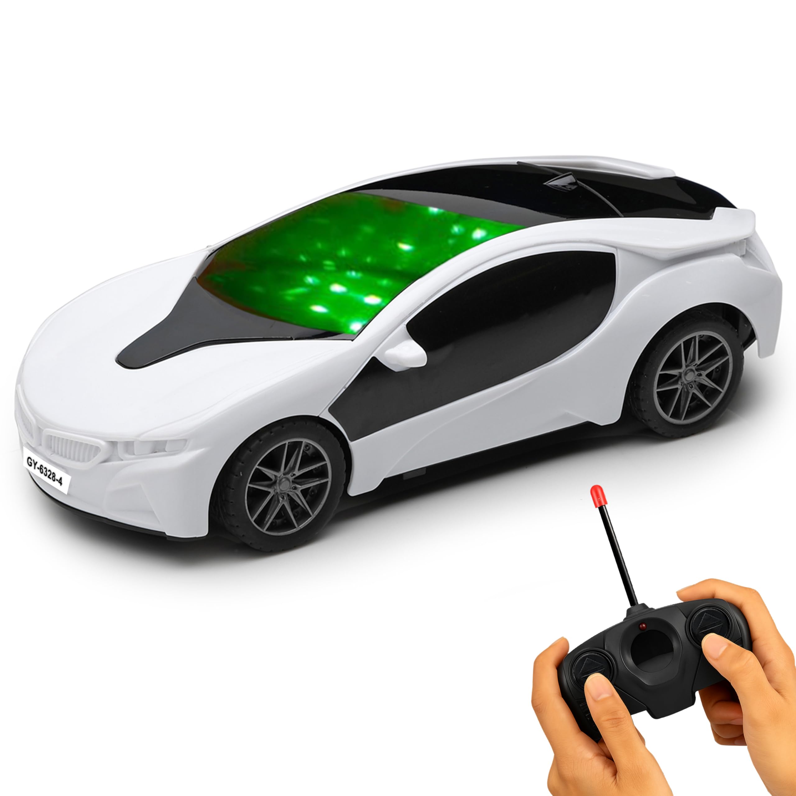 gooyo 6328-4 battery operated 3d lights famous remote control high speed racing car toy for kids, |white color| power source: 3xaa battery in car & 2xaa battery in remote controller (not included)